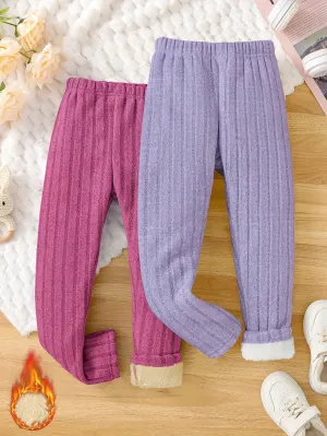 Girls' 2pcs Cozy Fleece-Lined Ribbed Knit Casual Pants