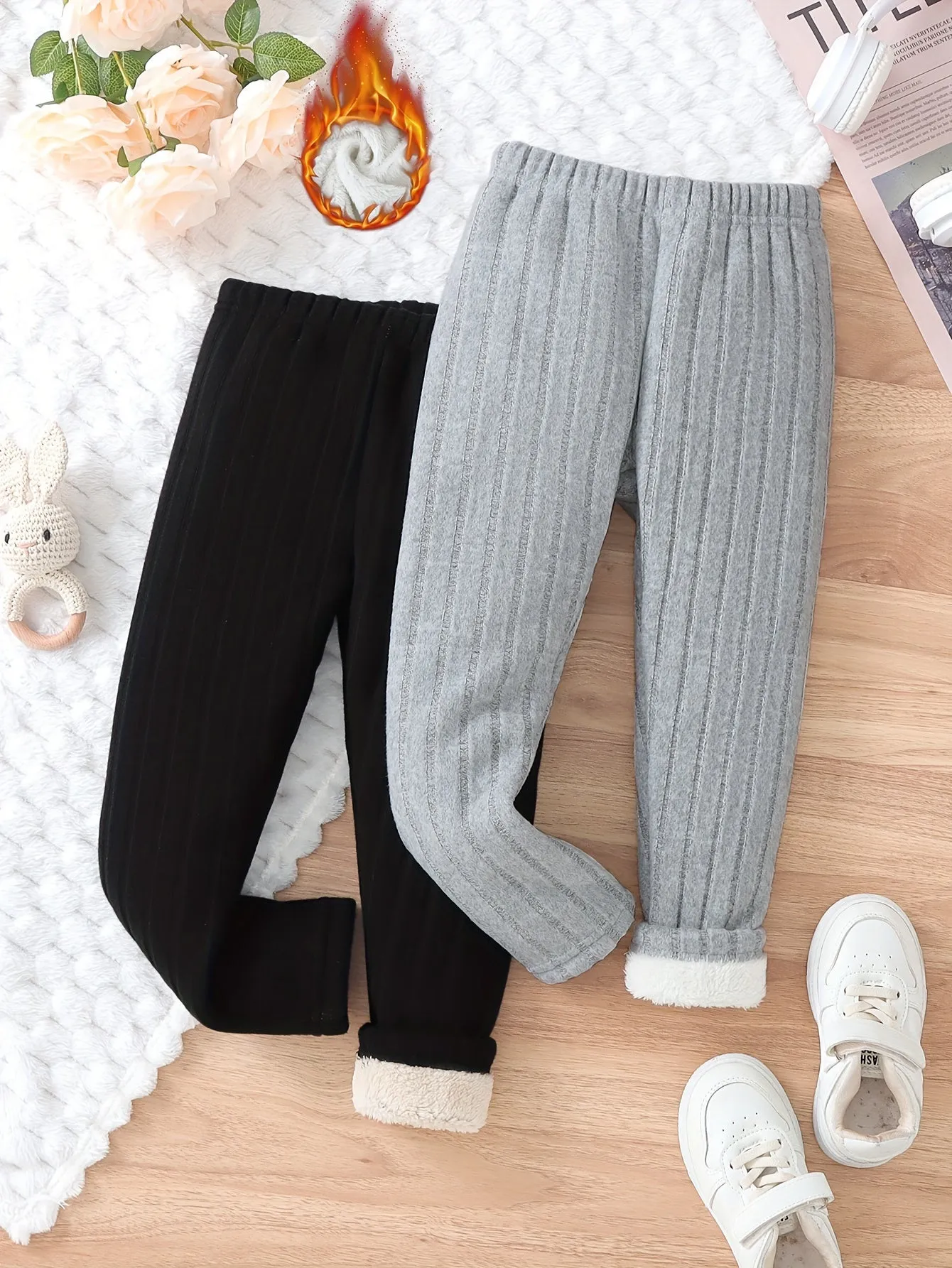 Girls' 2pcs Cozy Fleece-Lined Ribbed Knit Casual Pants