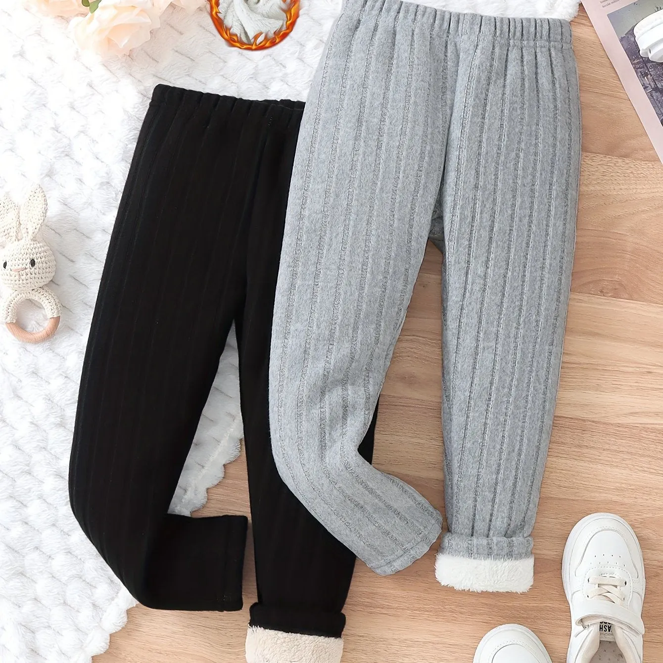 Girls' 2pcs Cozy Fleece-Lined Ribbed Knit Casual Pants