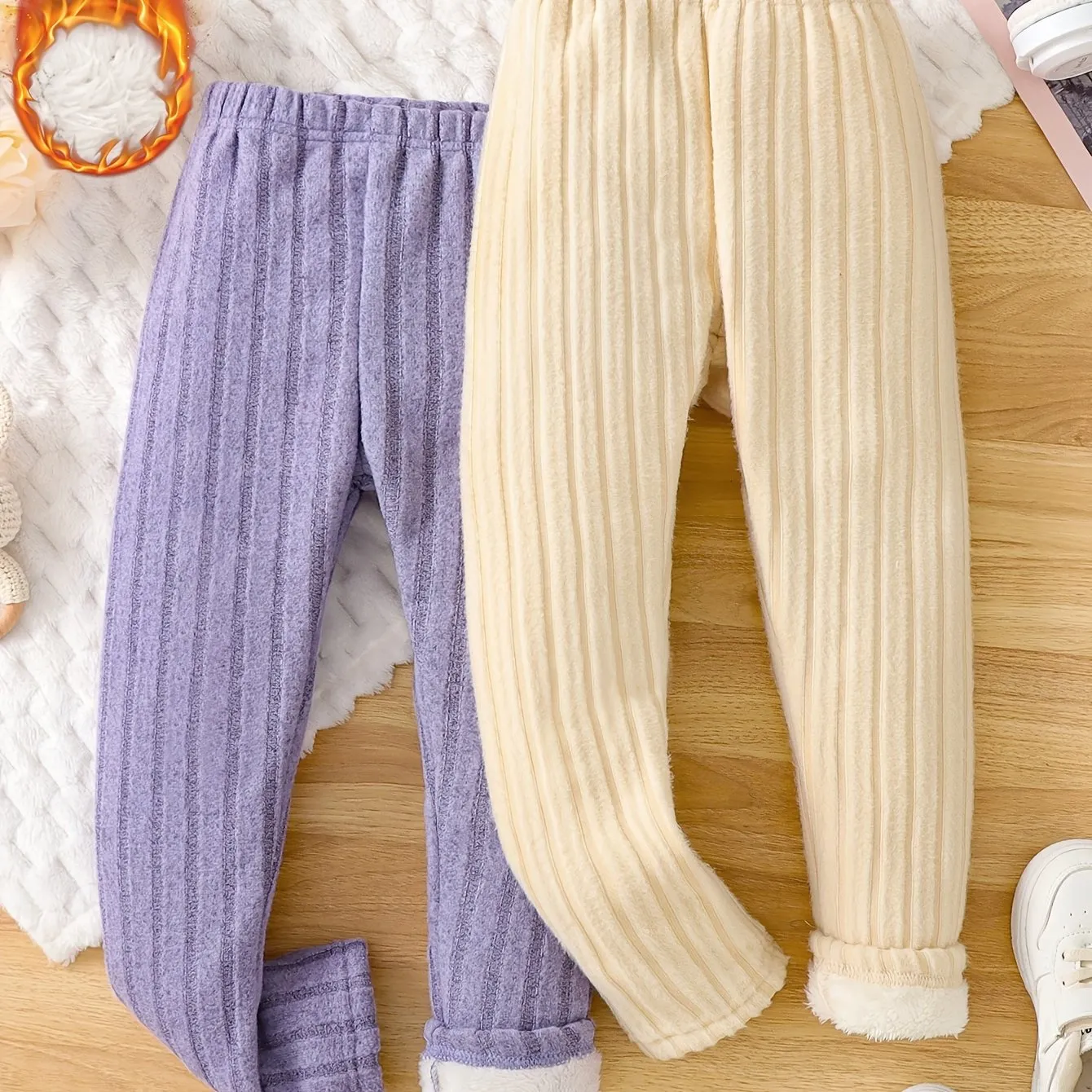 Girls' 2pcs Cozy Fleece-Lined Ribbed Knit Casual Pants