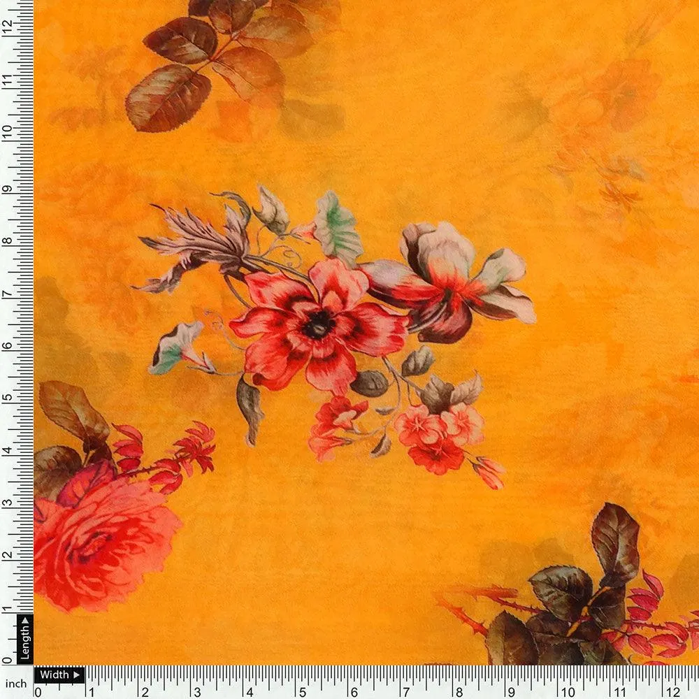 Golden Yellow Flower Printed Pure Georgette Fabric Material