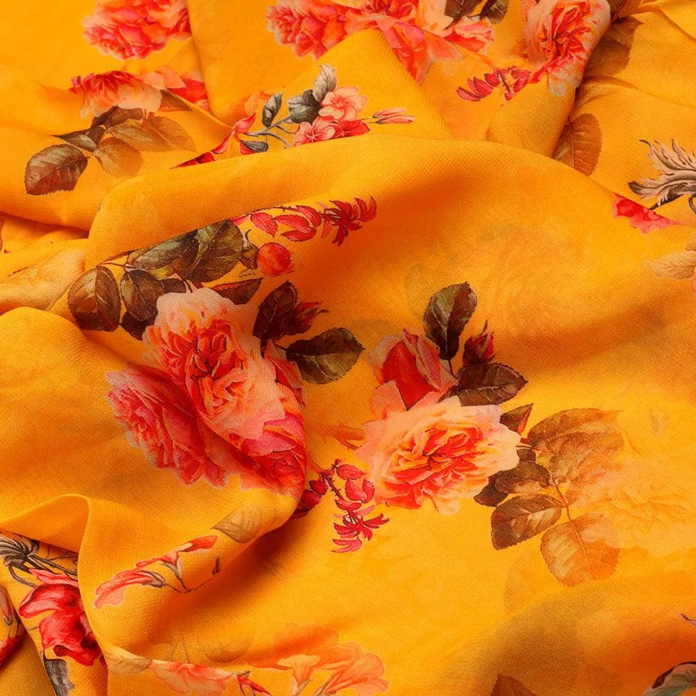 Golden Yellow Flower Printed Pure Georgette Fabric Material