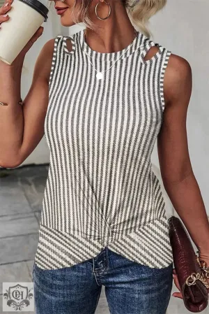 Gray Striped Cutout Twist Front Tank Top