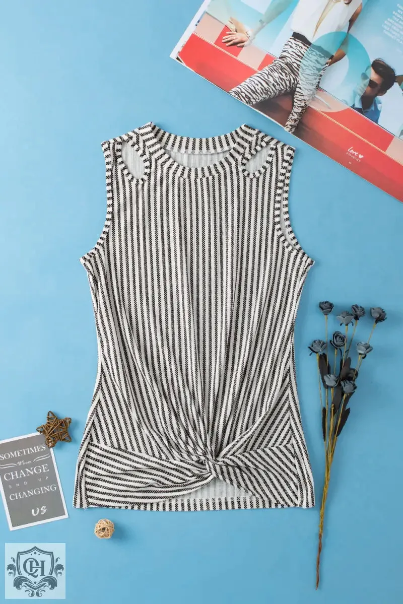 Gray Striped Cutout Twist Front Tank Top