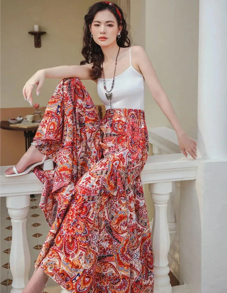 Gypsy Kiss Bohemian Floral Print Wide Leg Bottoms