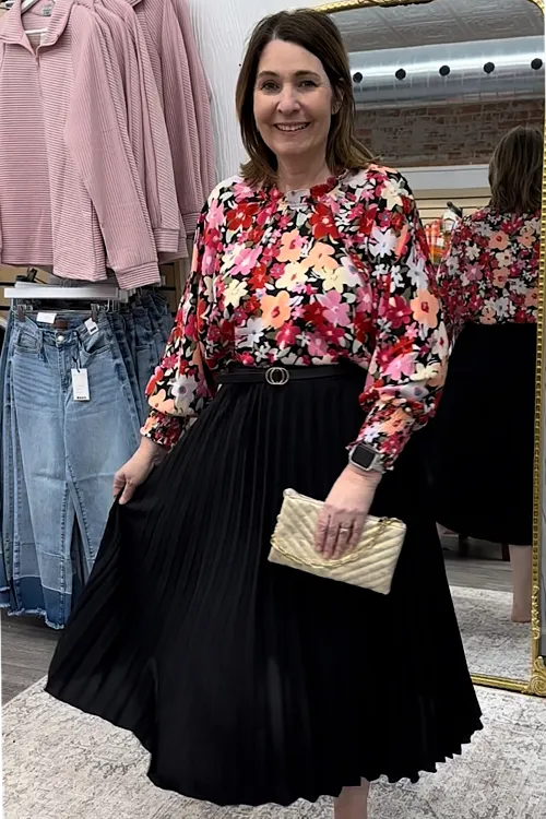Jill - Floral Print Frilled Neck Shirred Cuffs Blouse