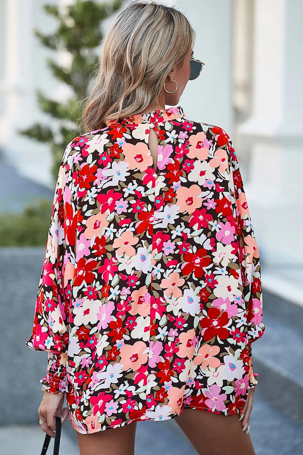 Jill - Floral Print Frilled Neck Shirred Cuffs Blouse