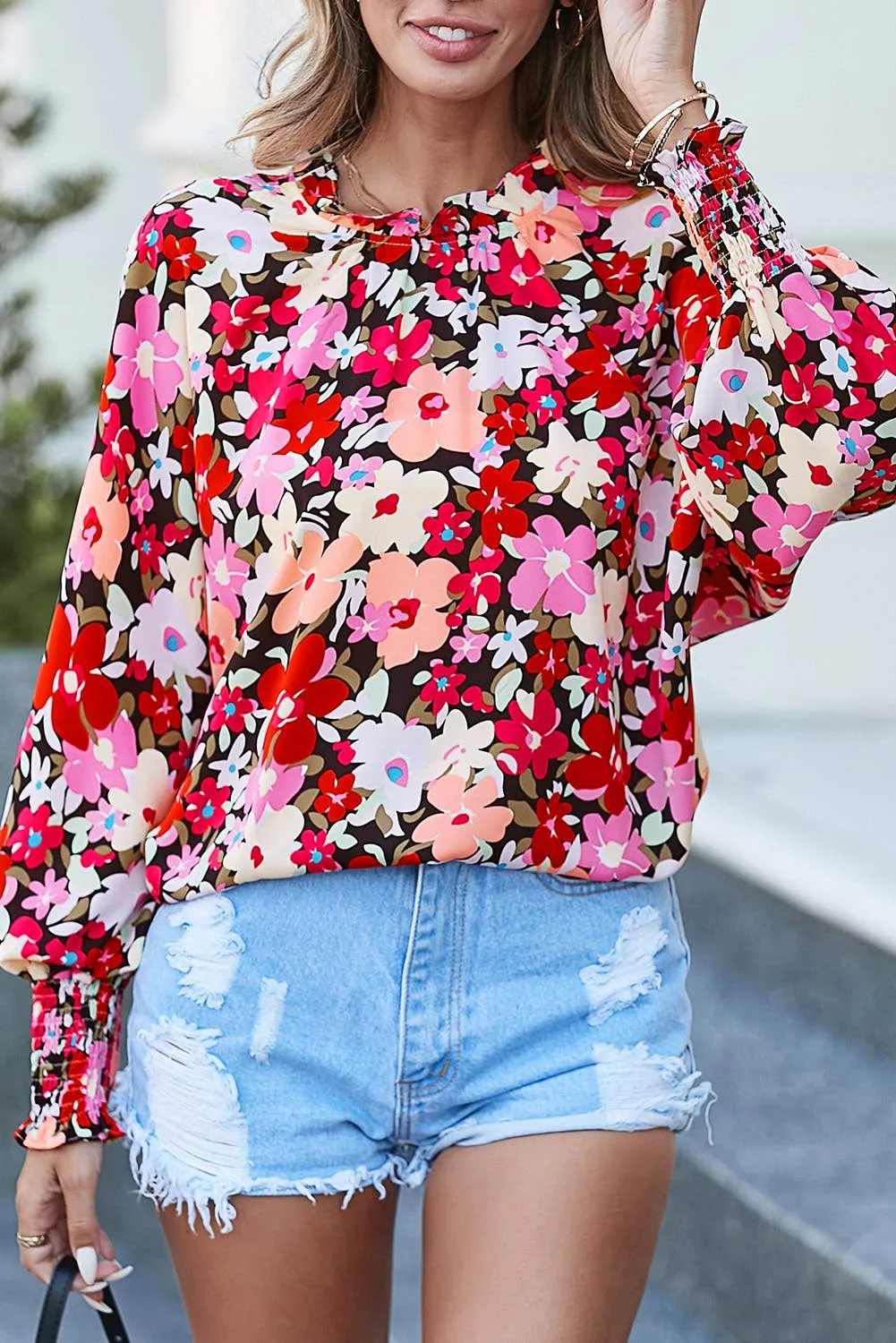 Jill - Floral Print Frilled Neck Shirred Cuffs Blouse