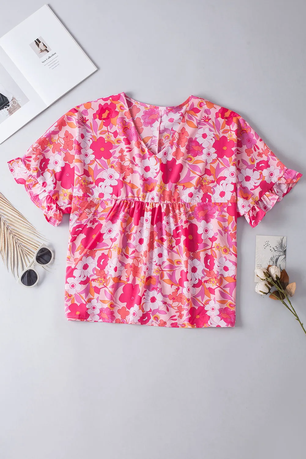 Kaiya Floral Print Ruffled Half Sleeve Plus Size Babydoll Blouse by Threaded Pear