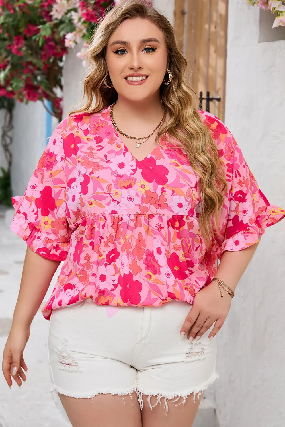 Kaiya Floral Print Ruffled Half Sleeve Plus Size Babydoll Blouse by Threaded Pear