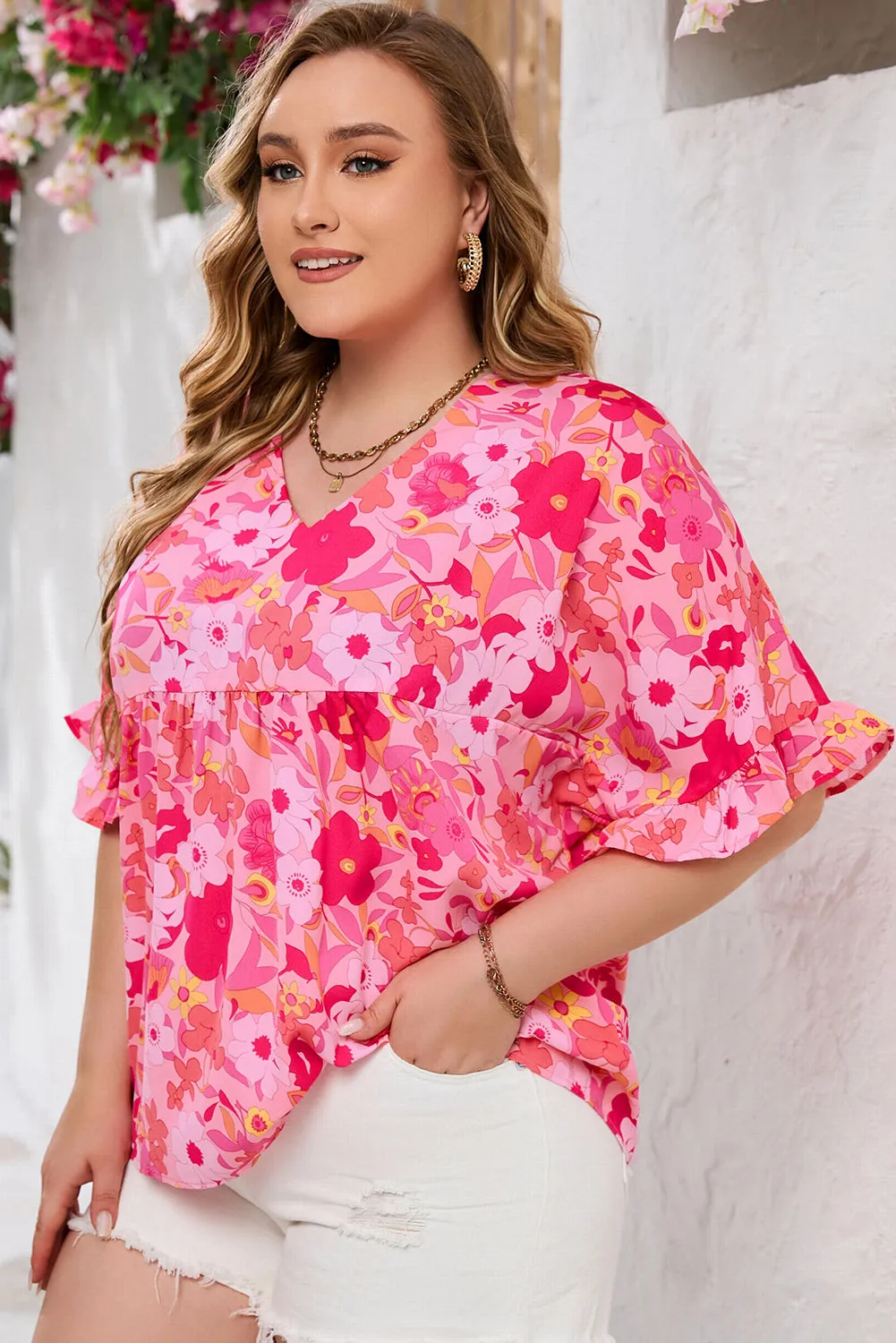 Kaiya Floral Print Ruffled Half Sleeve Plus Size Babydoll Blouse by Threaded Pear
