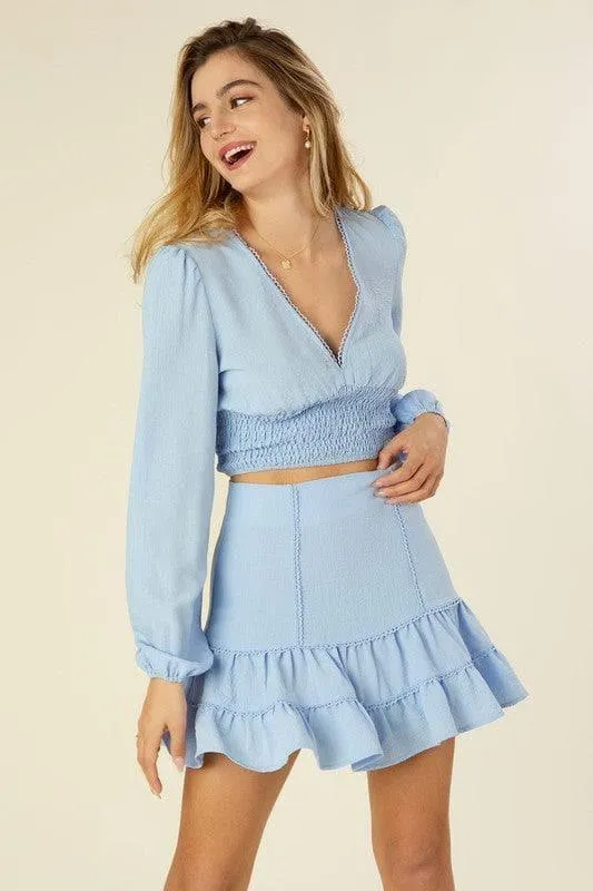 LILOU Lace Trimmed Smocking Blouse and Skirt Set