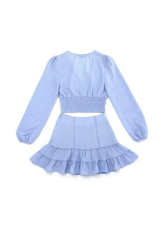 LILOU Lace Trimmed Smocking Blouse and Skirt Set