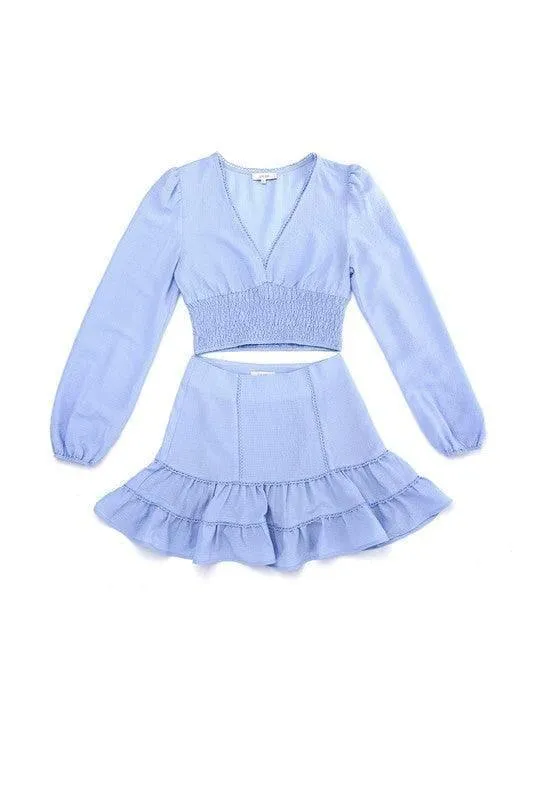 LILOU Lace Trimmed Smocking Blouse and Skirt Set