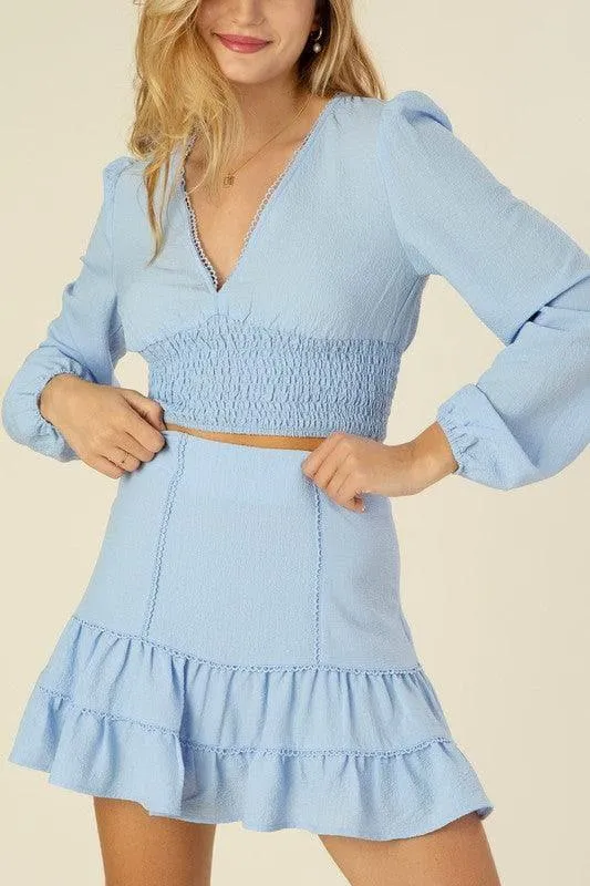 LILOU Lace Trimmed Smocking Blouse and Skirt Set