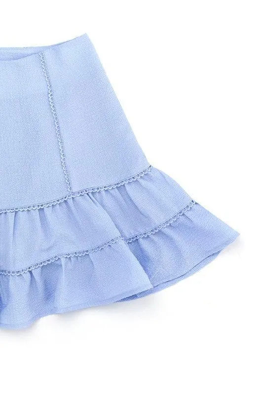 LILOU Lace Trimmed Smocking Blouse and Skirt Set