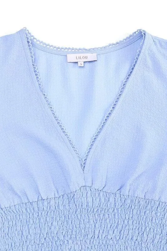 LILOU Lace Trimmed Smocking Blouse and Skirt Set