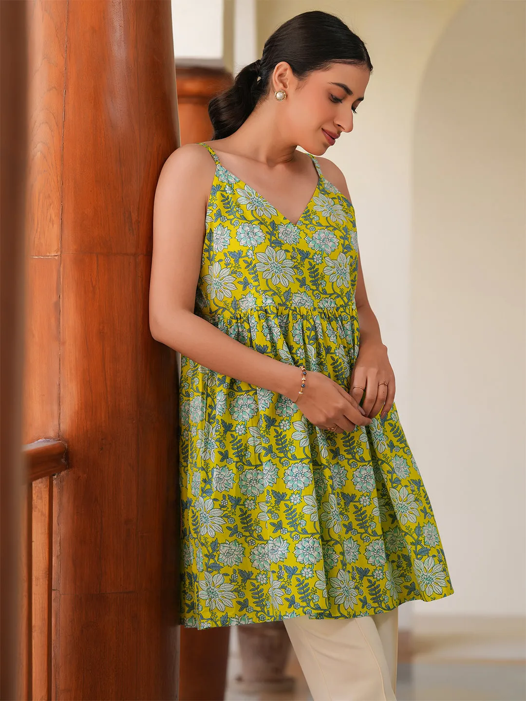 Lime Green Cotton All-Over Floral A-Line Tunic Only
