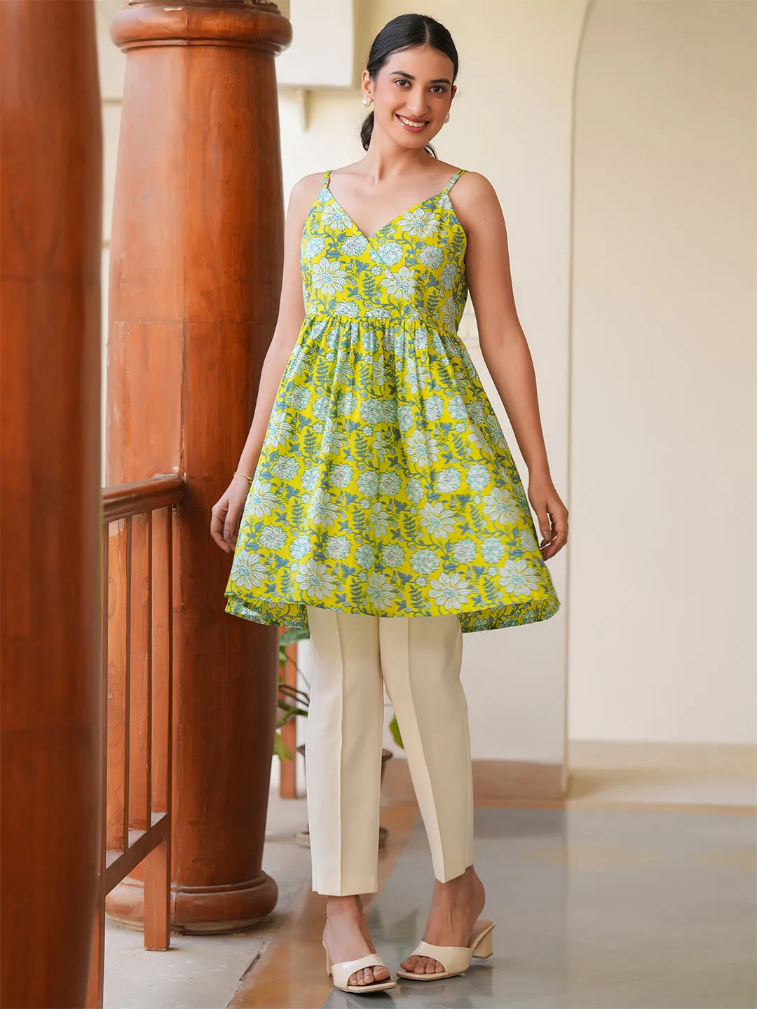 Lime Green Cotton All-Over Floral A-Line Tunic Only