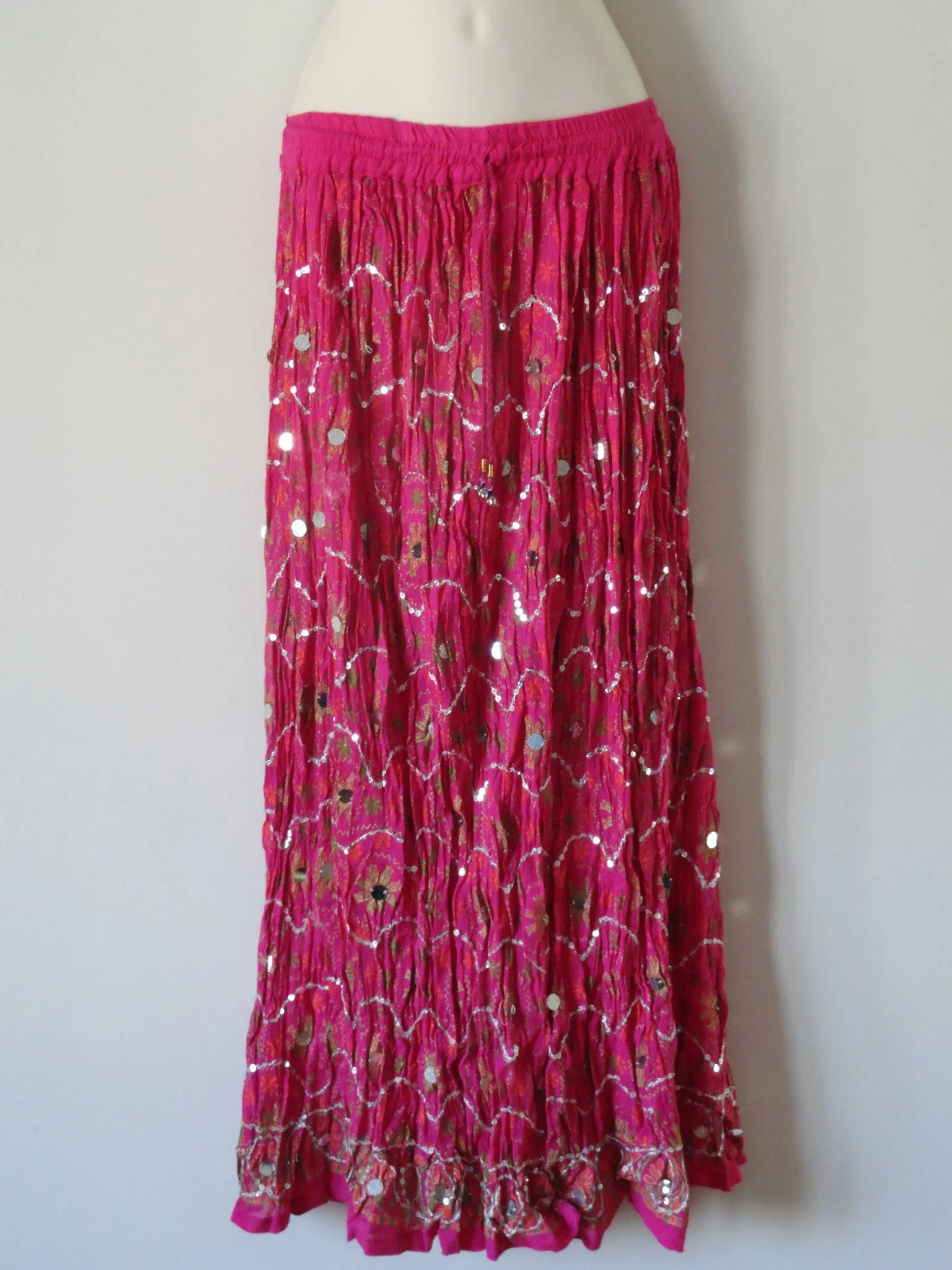 Long, crushed cotton pink skirt. Indian maxi, mirror work skirt. Crinkled gypsy skirt. Ethnic, boho skirt. From Artikrti.