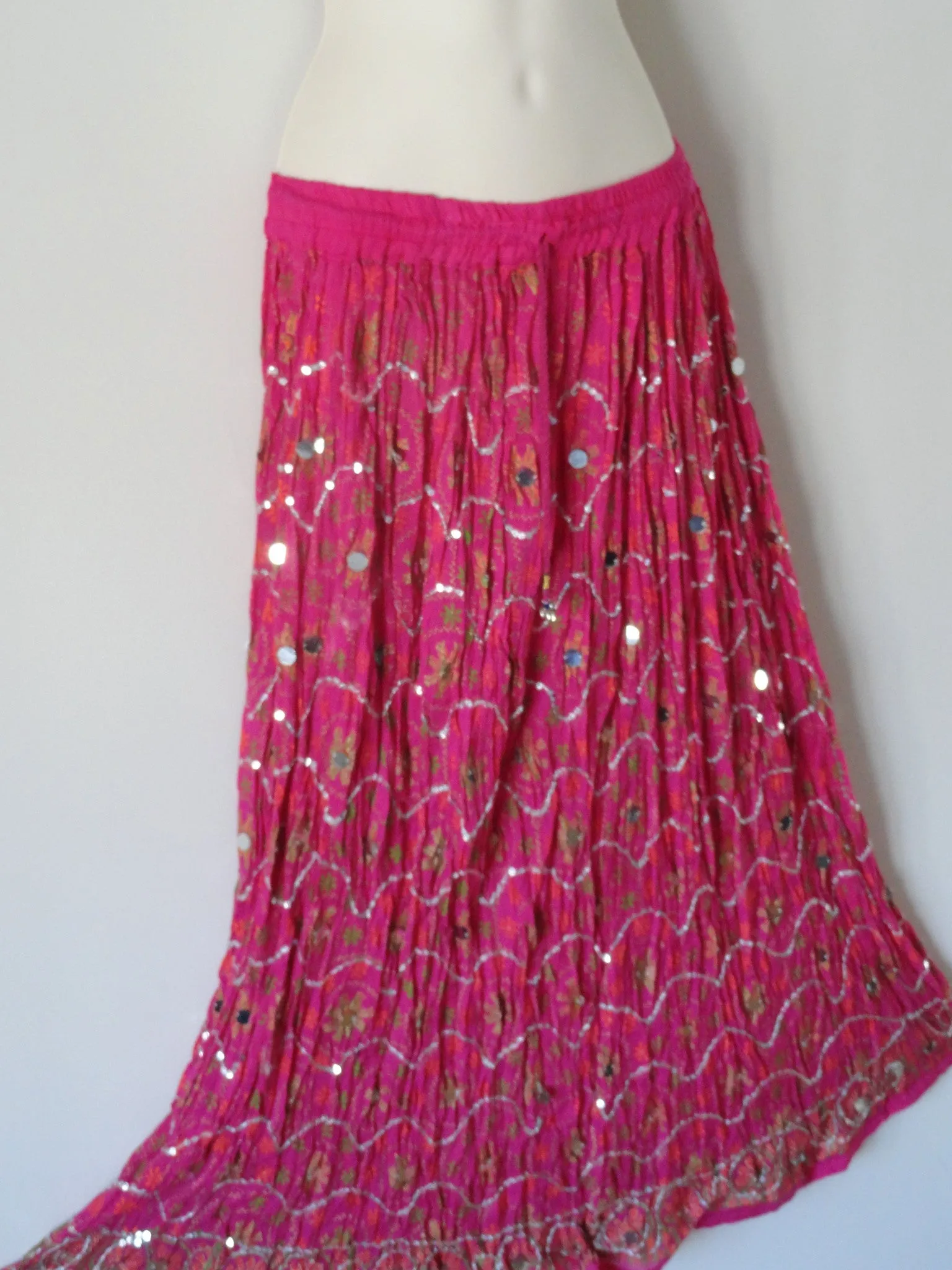 Long, crushed cotton pink skirt. Indian maxi, mirror work skirt. Crinkled gypsy skirt. Ethnic, boho skirt. From Artikrti.