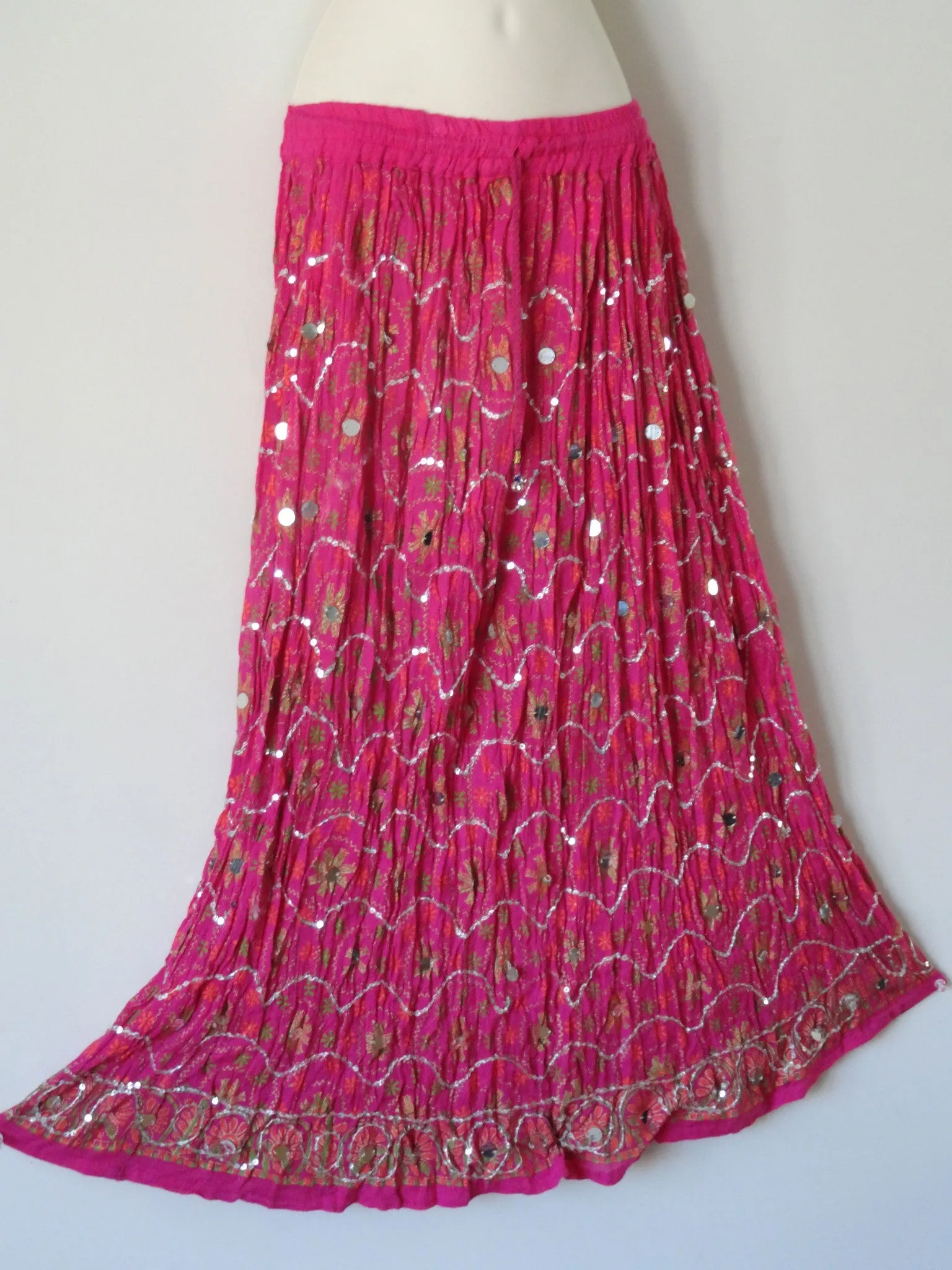 Long, crushed cotton pink skirt. Indian maxi, mirror work skirt. Crinkled gypsy skirt. Ethnic, boho skirt. From Artikrti.