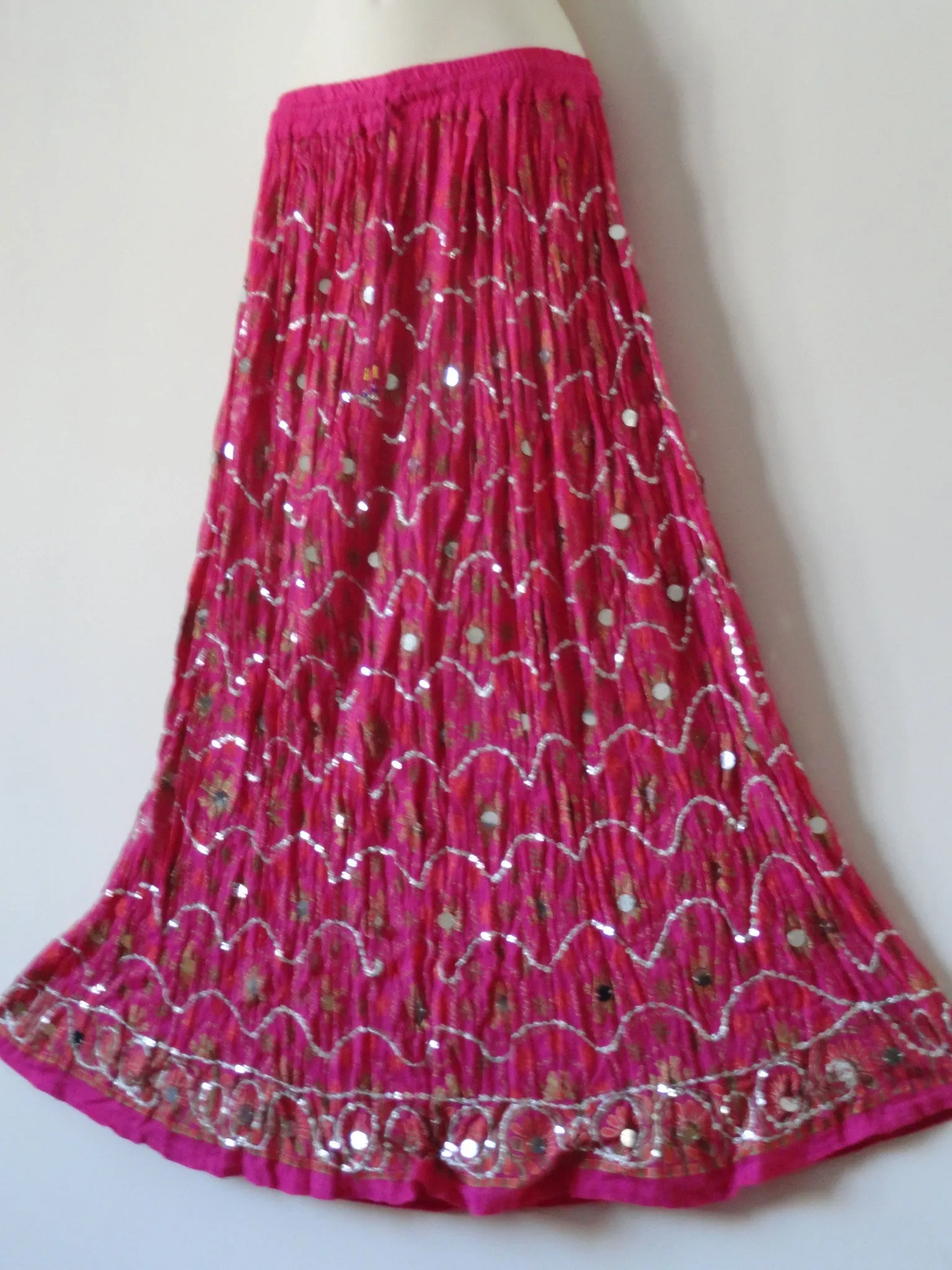 Long, crushed cotton pink skirt. Indian maxi, mirror work skirt. Crinkled gypsy skirt. Ethnic, boho skirt. From Artikrti.