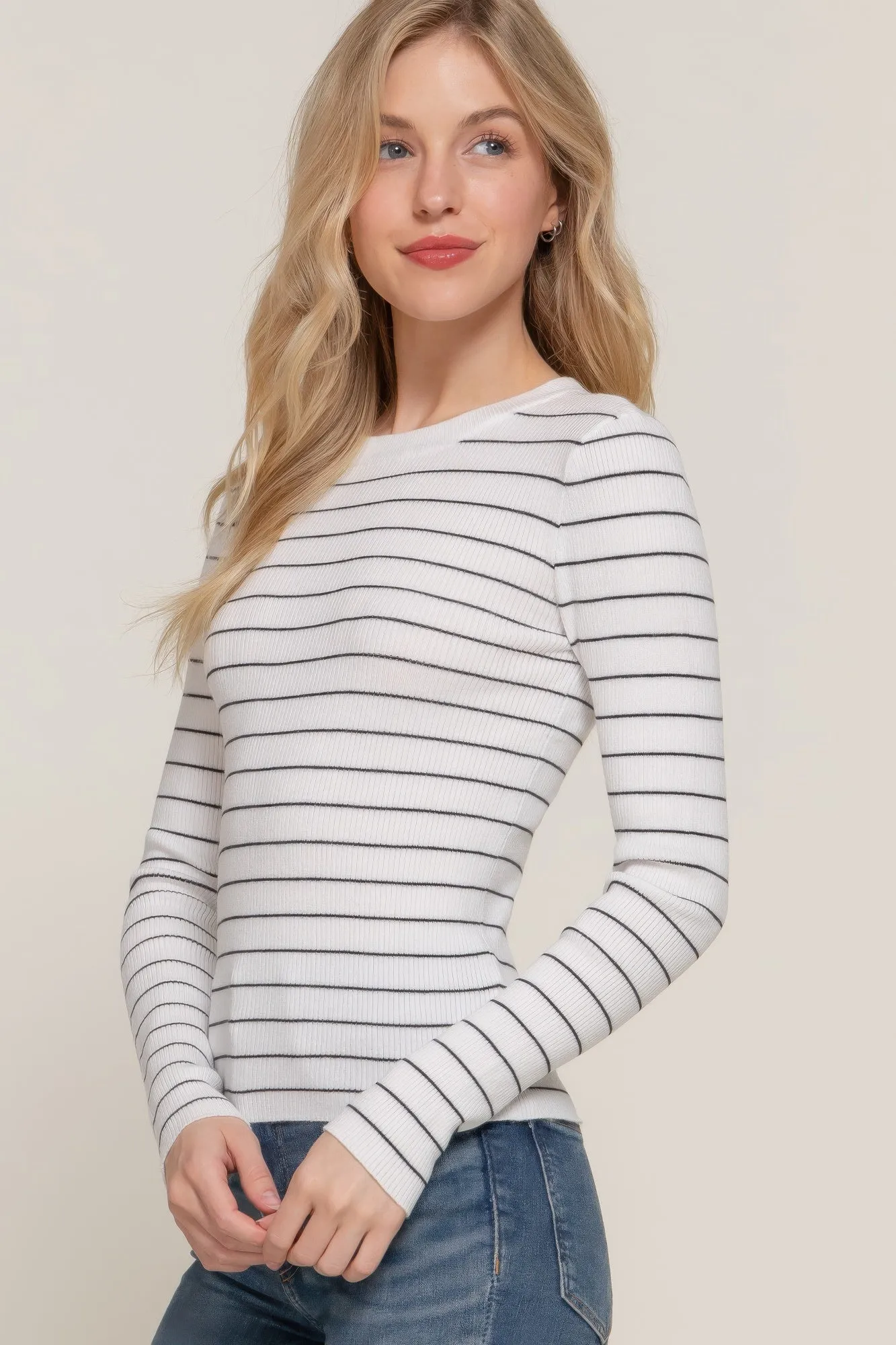 Long Sleeve Crew Neck Stripe Sweater – Classic Comfort with Timeless Style
