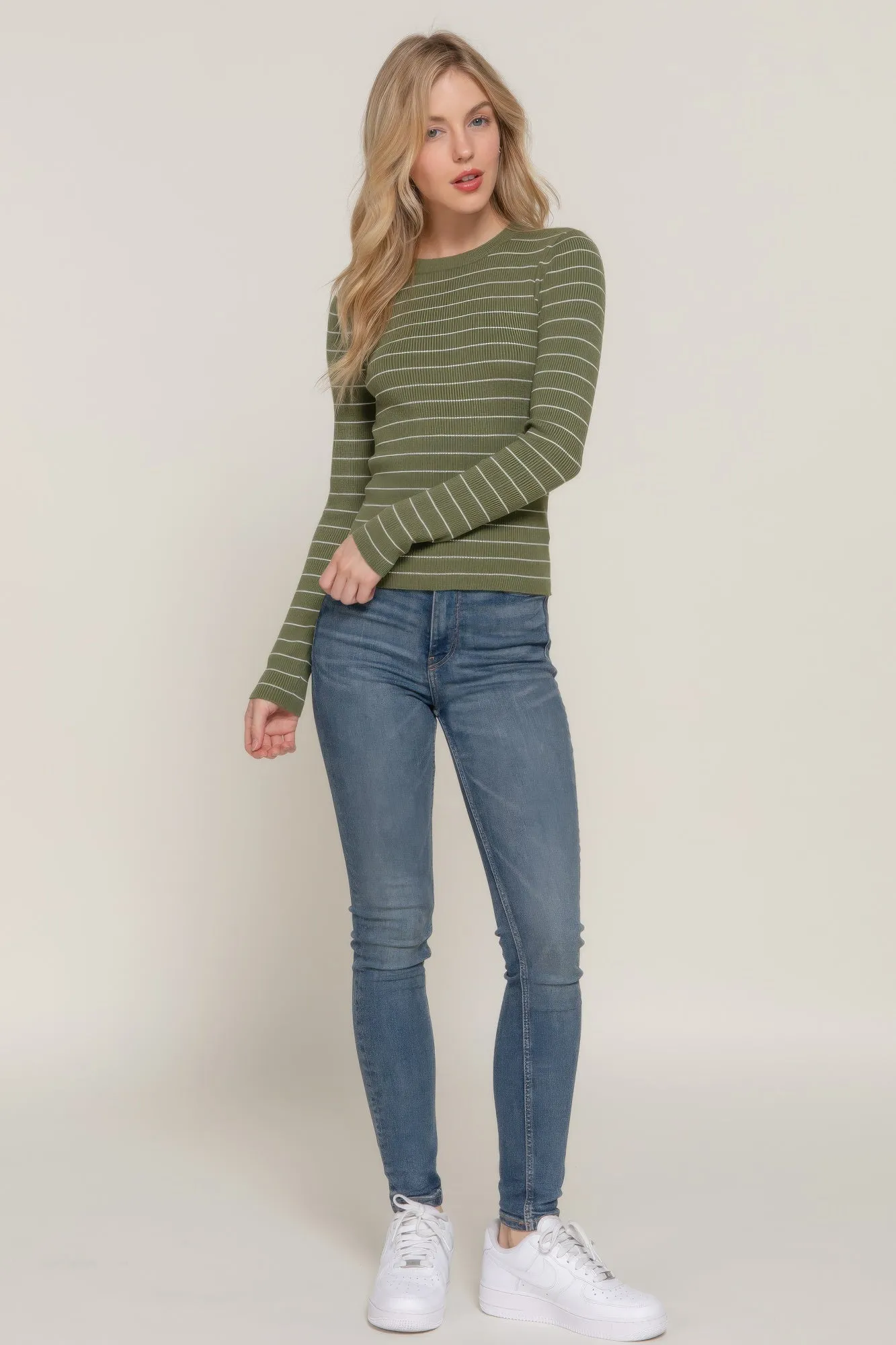 Long Sleeve Crew Neck Stripe Sweater – Classic Comfort with Timeless Style