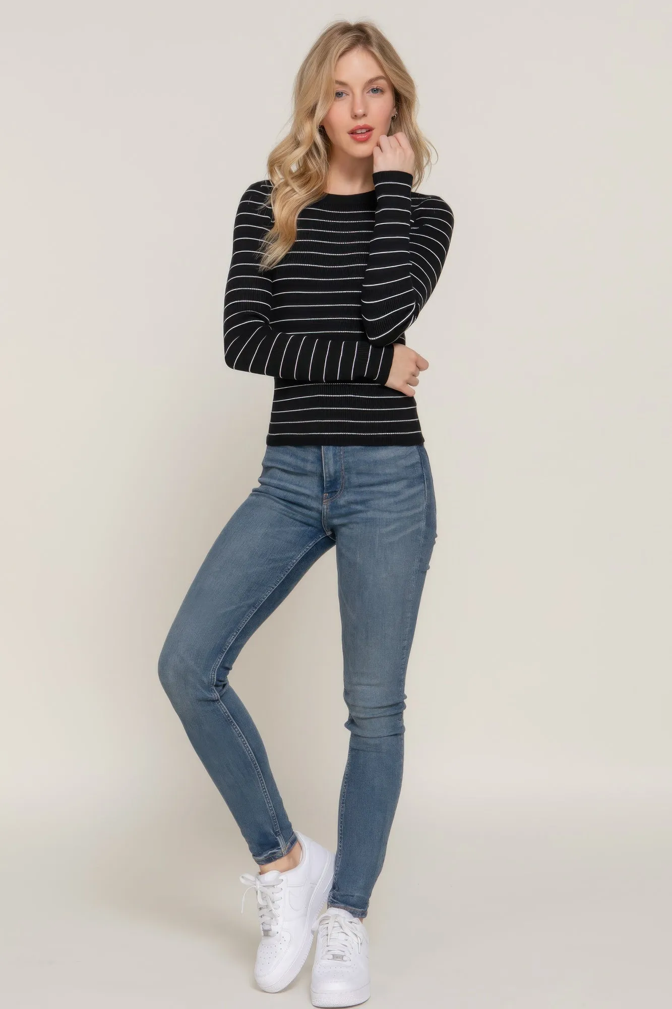 Long Sleeve Crew Neck Stripe Sweater – Classic Comfort with Timeless Style