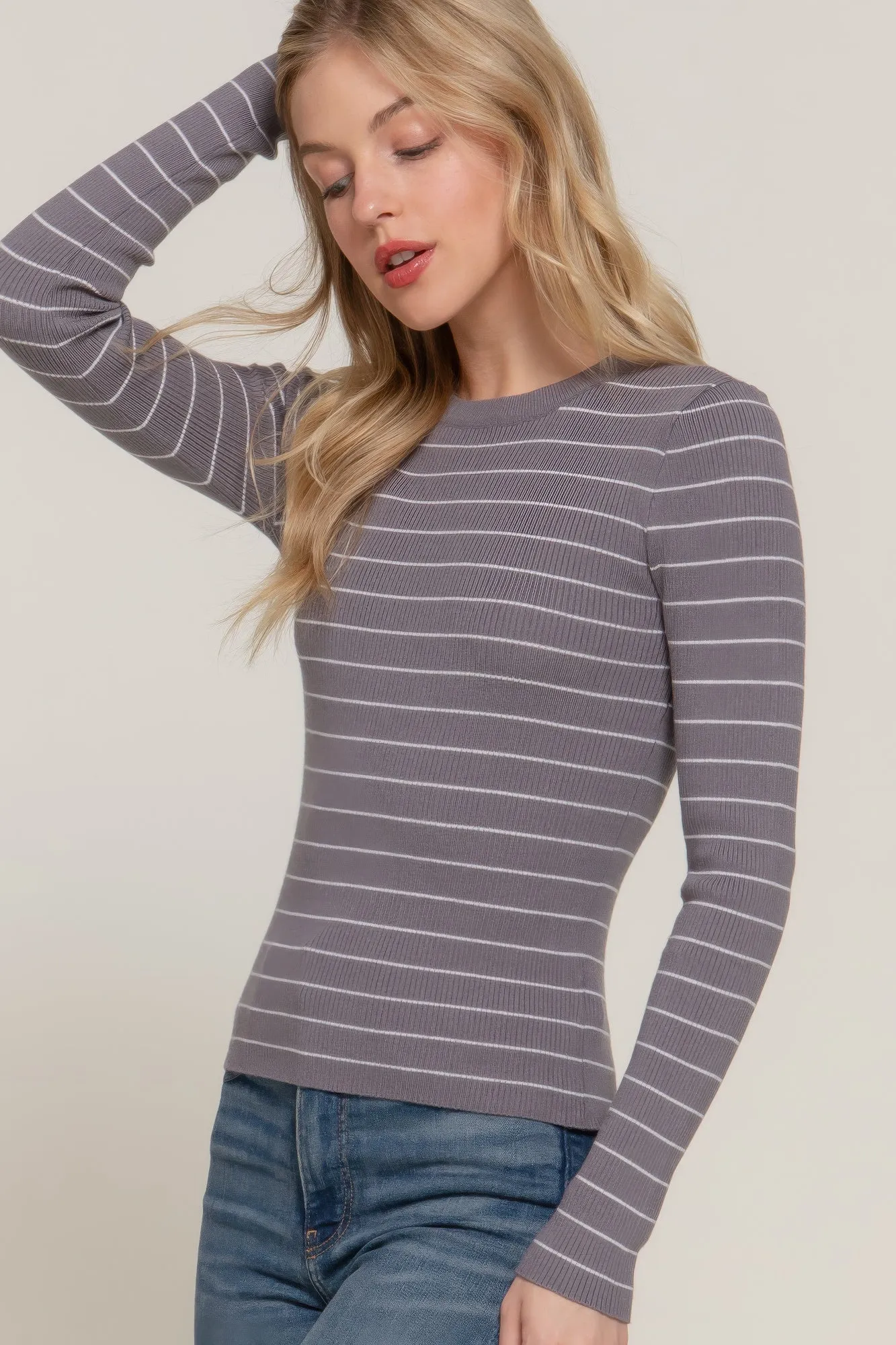 Long Sleeve Crew Neck Stripe Sweater – Classic Comfort with Timeless Style