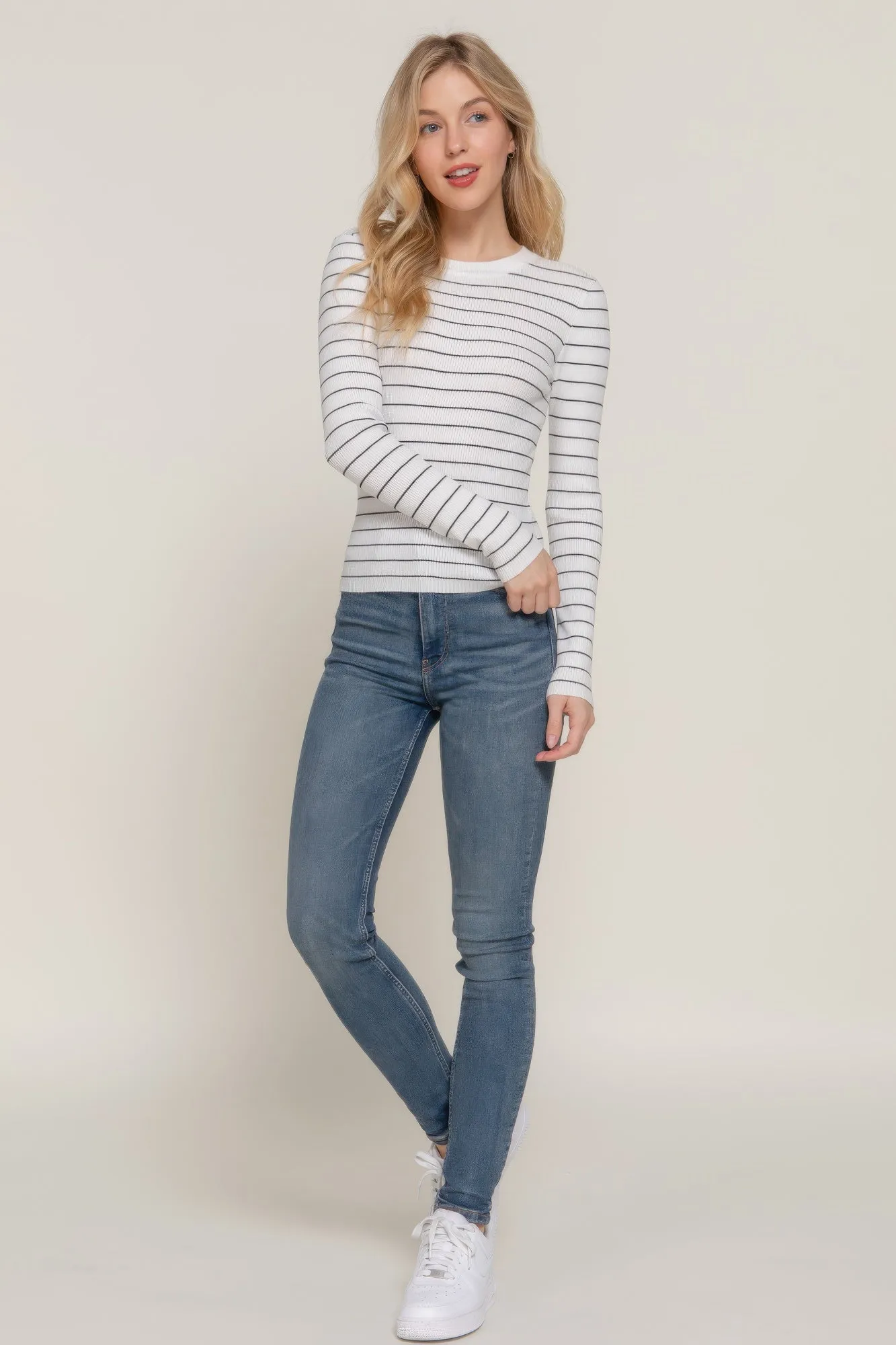 Long Sleeve Crew Neck Stripe Sweater – Classic Comfort with Timeless Style