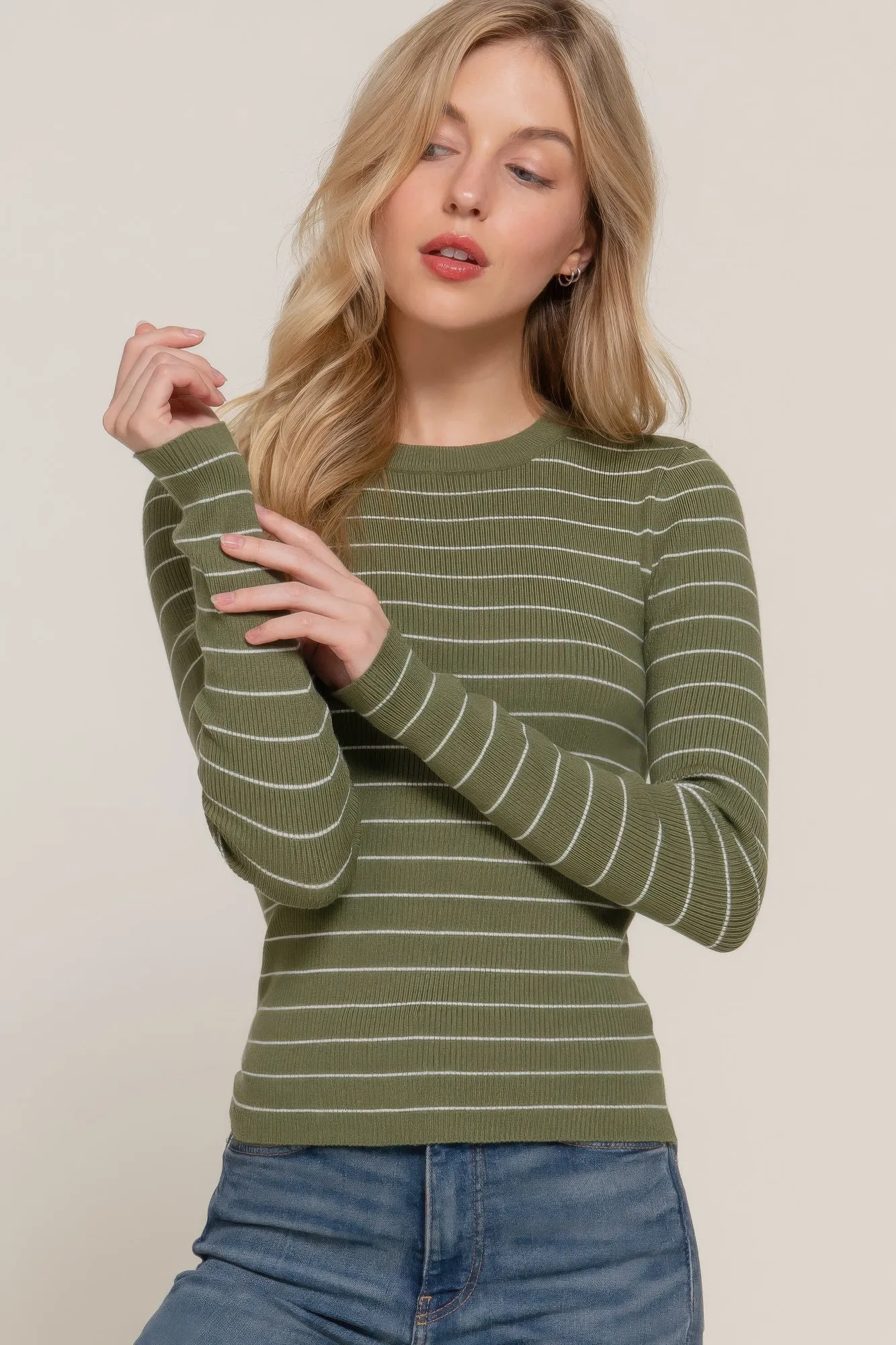 Long Sleeve Crew Neck Stripe Sweater – Classic Comfort with Timeless Style