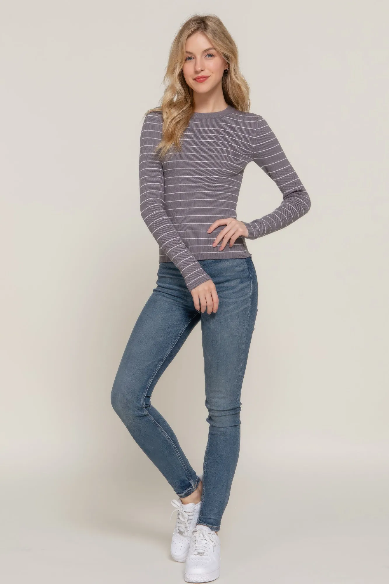 Long Sleeve Crew Neck Stripe Sweater – Classic Comfort with Timeless Style