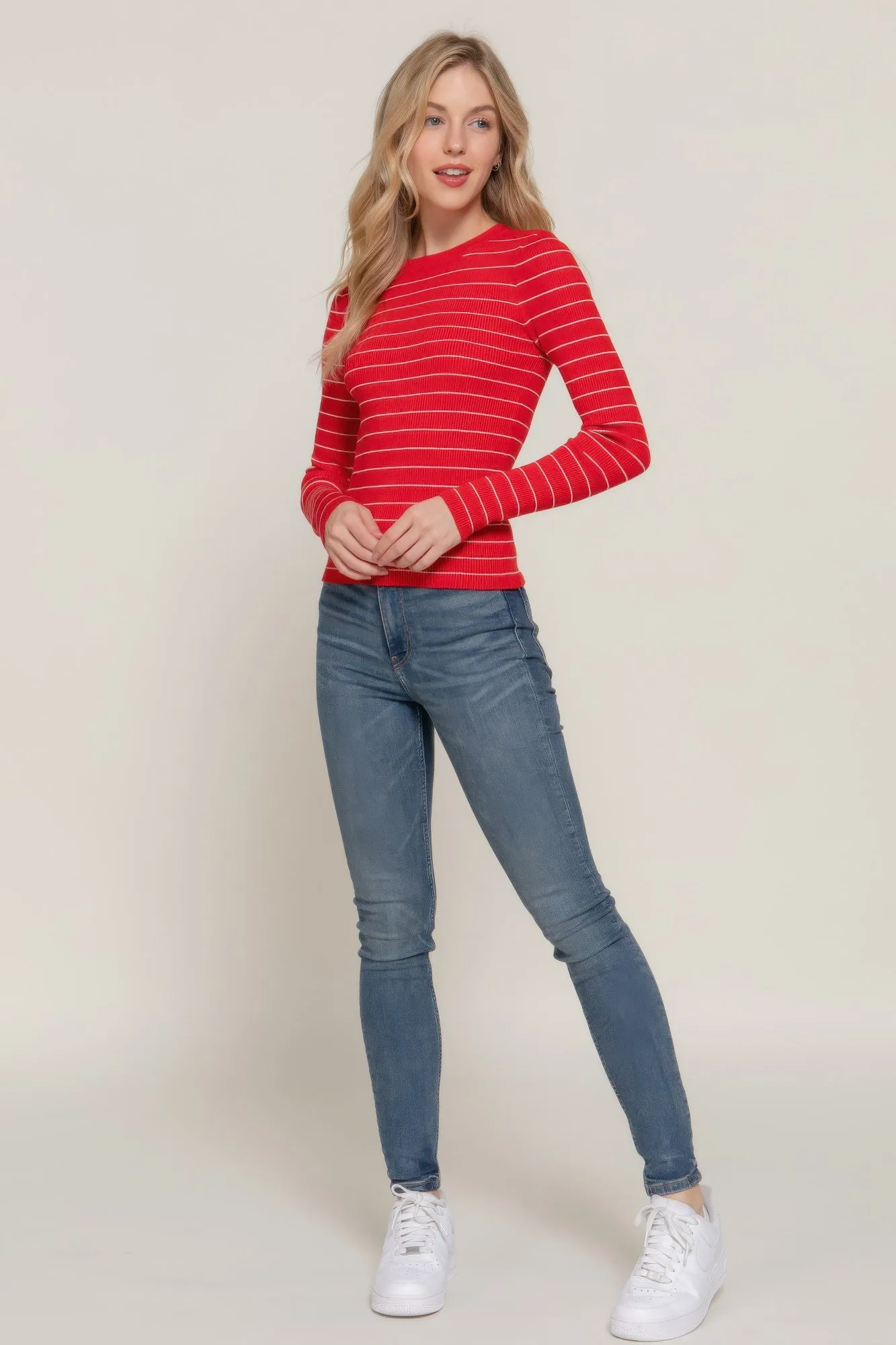 Long Sleeve Crew Neck Stripe Sweater – Classic Comfort with Timeless Style