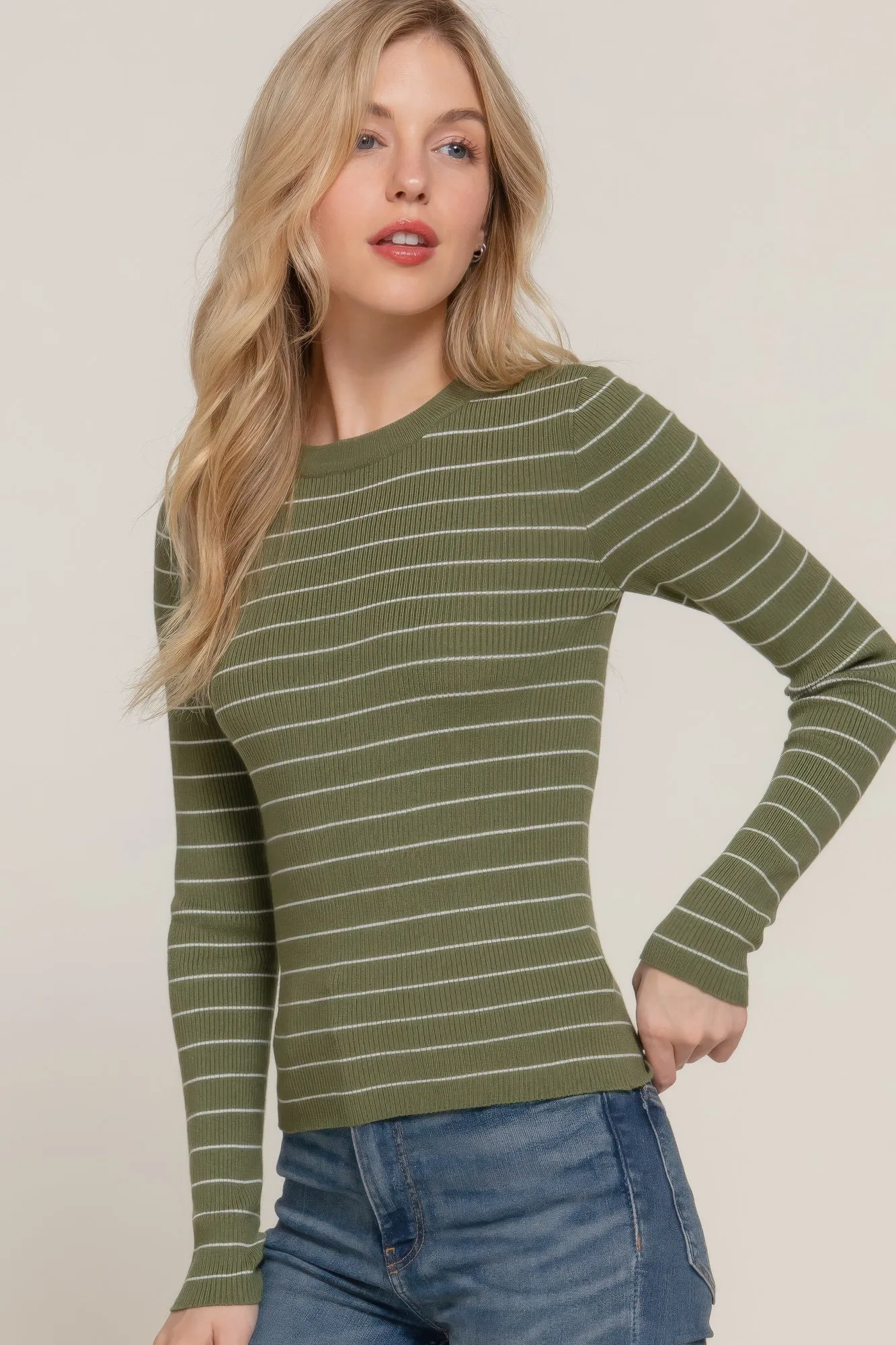 Long Sleeve Crew Neck Stripe Sweater – Classic Comfort with Timeless Style