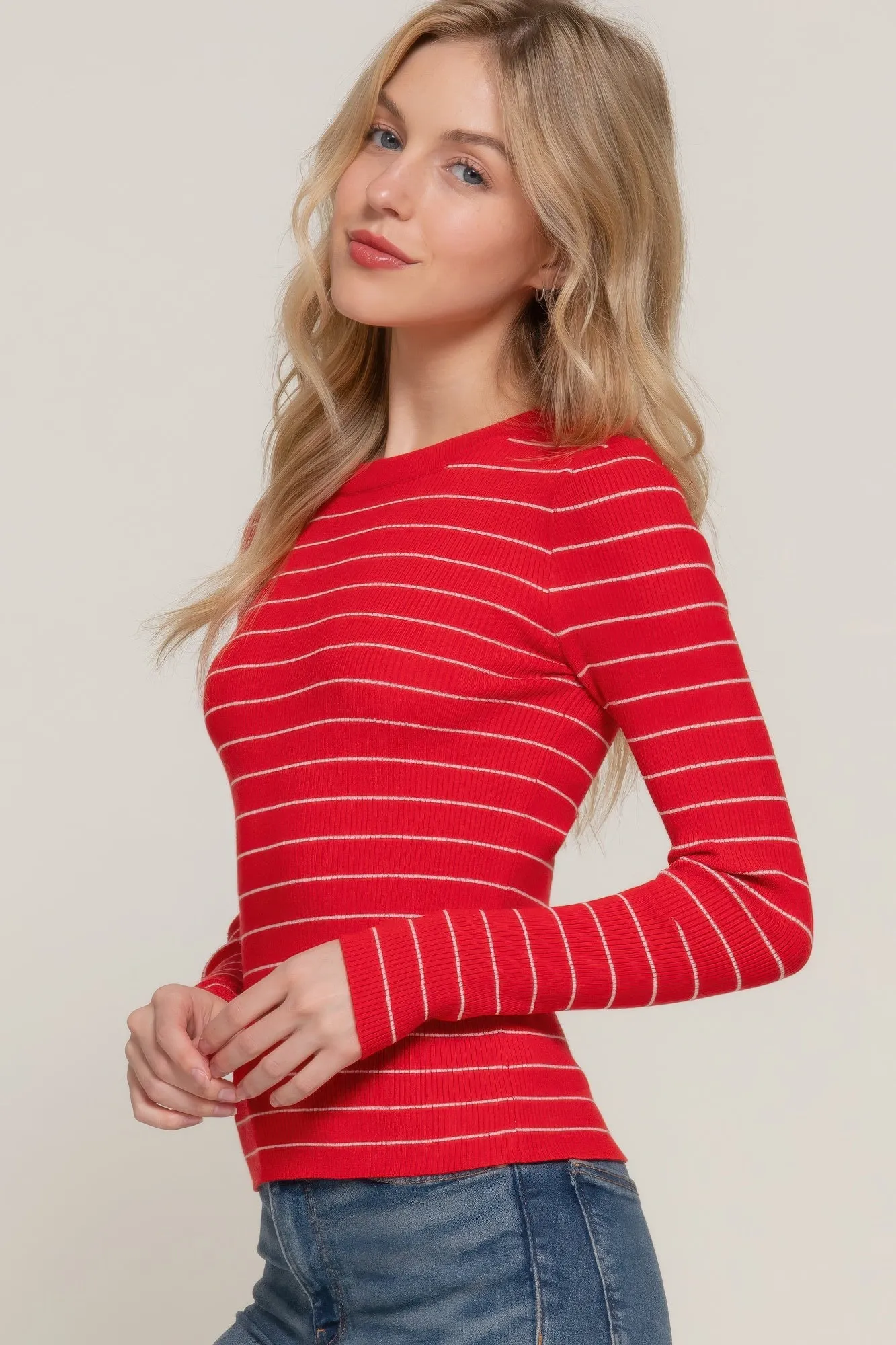 Long Sleeve Crew Neck Stripe Sweater – Classic Comfort with Timeless Style
