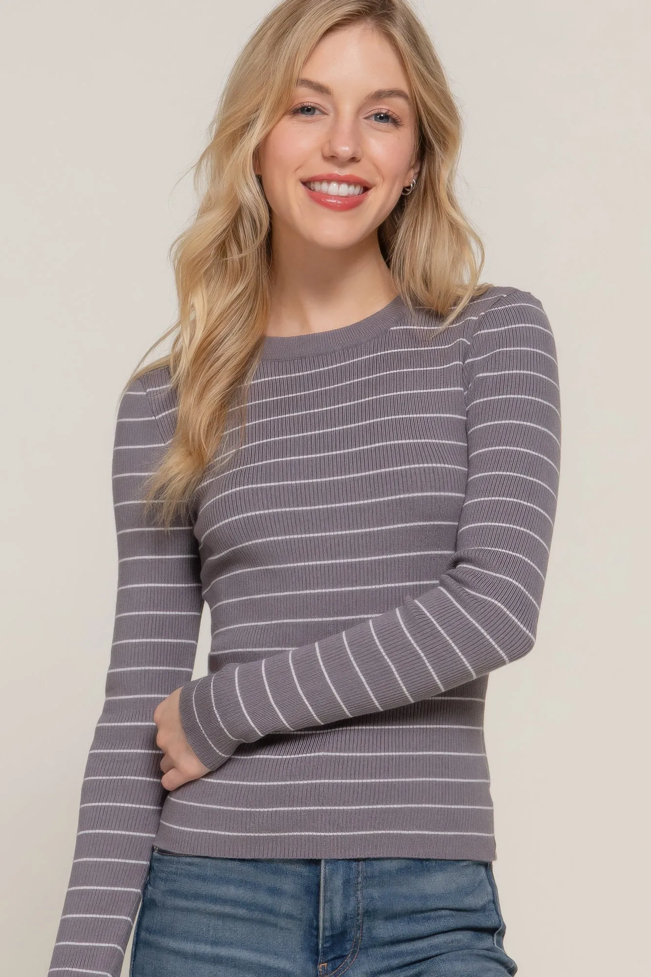 Long Sleeve Crew Neck Stripe Sweater – Classic Comfort with Timeless Style