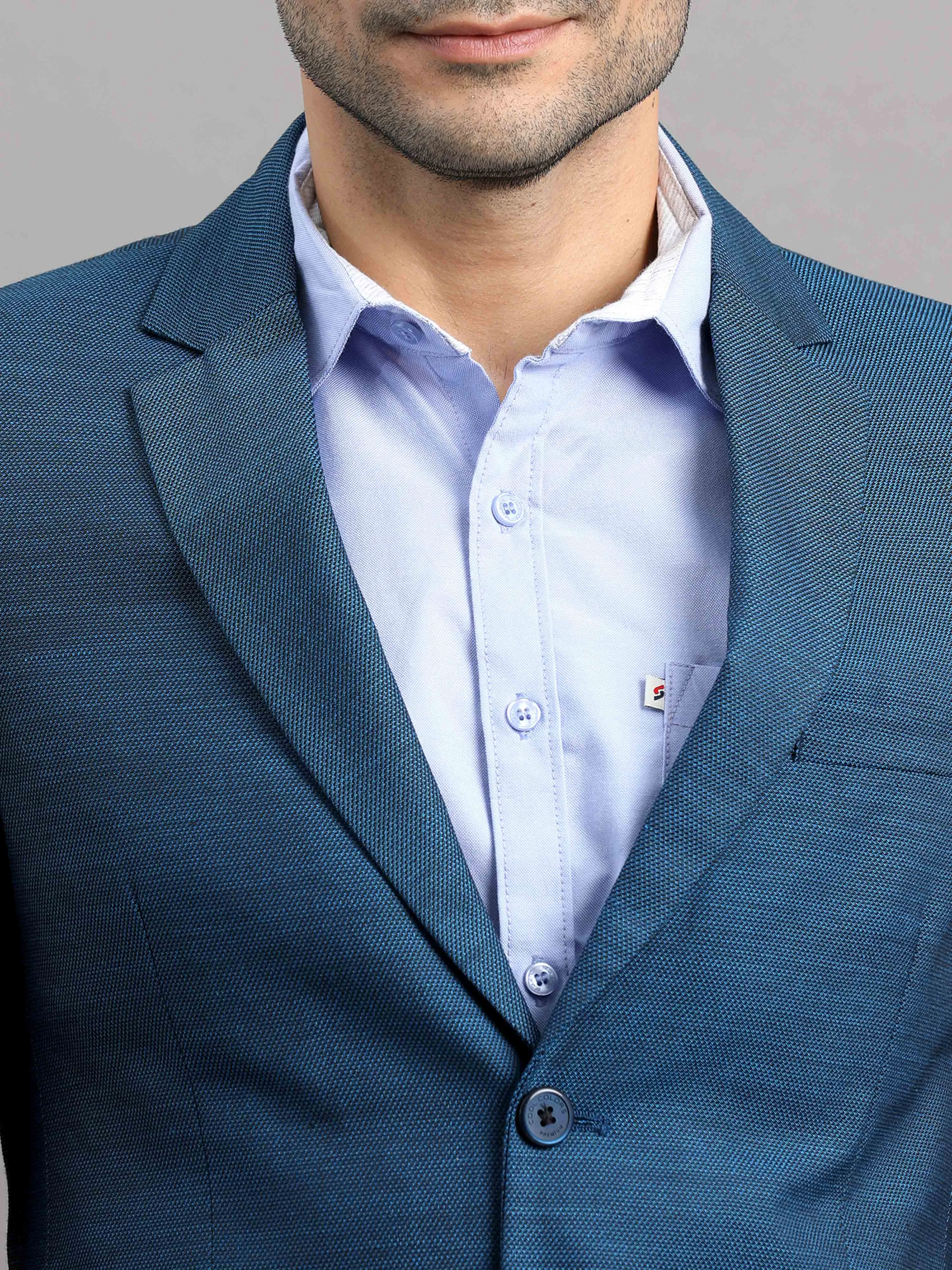 Men's Blue Slim Fit Cotton Blend Full Sleeve Plain Casual Blazer