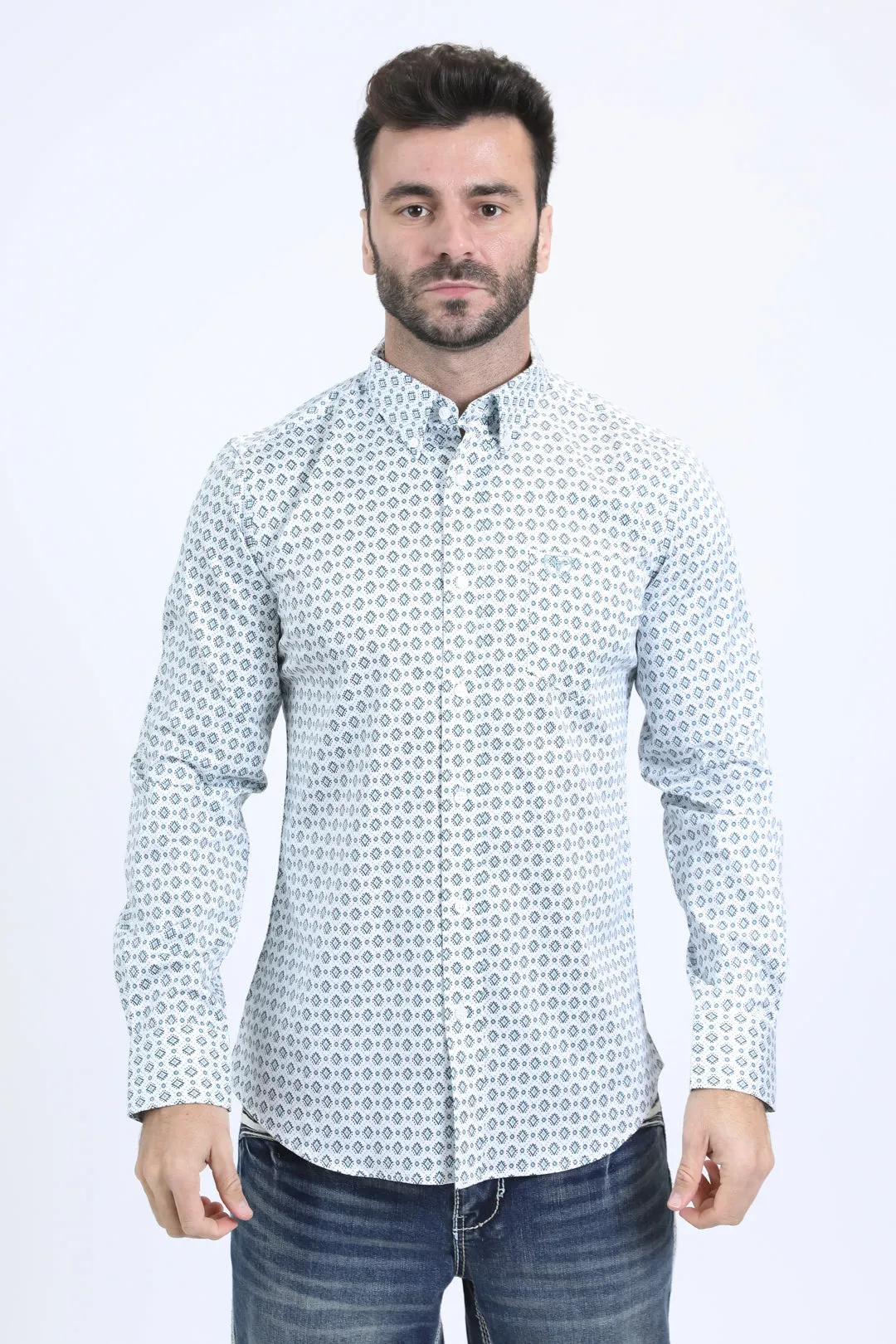 Mens Satin Cotton Modern Fit Navy Long Sleeve White Shirt