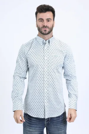 Mens Satin Cotton Modern Fit Navy Long Sleeve White Shirt