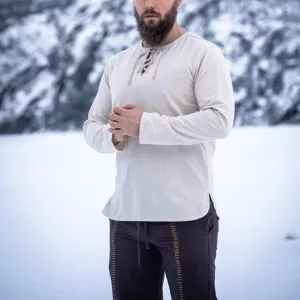 Natural Cotton Viking Tunic | Long Sleeves, Lace-Up Collar