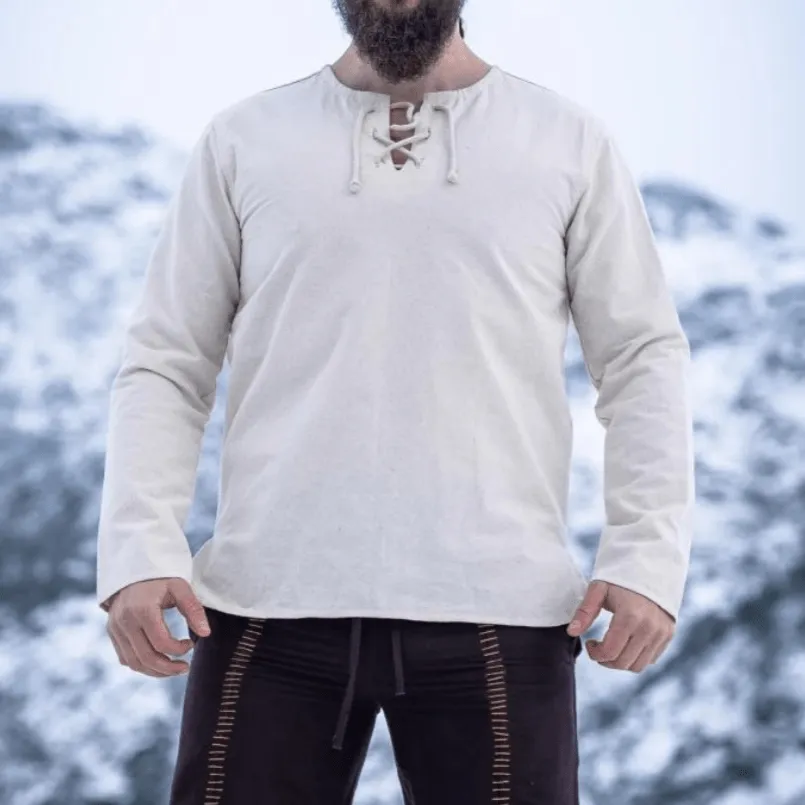 Natural Cotton Viking Tunic | Long Sleeves, Lace-Up Collar