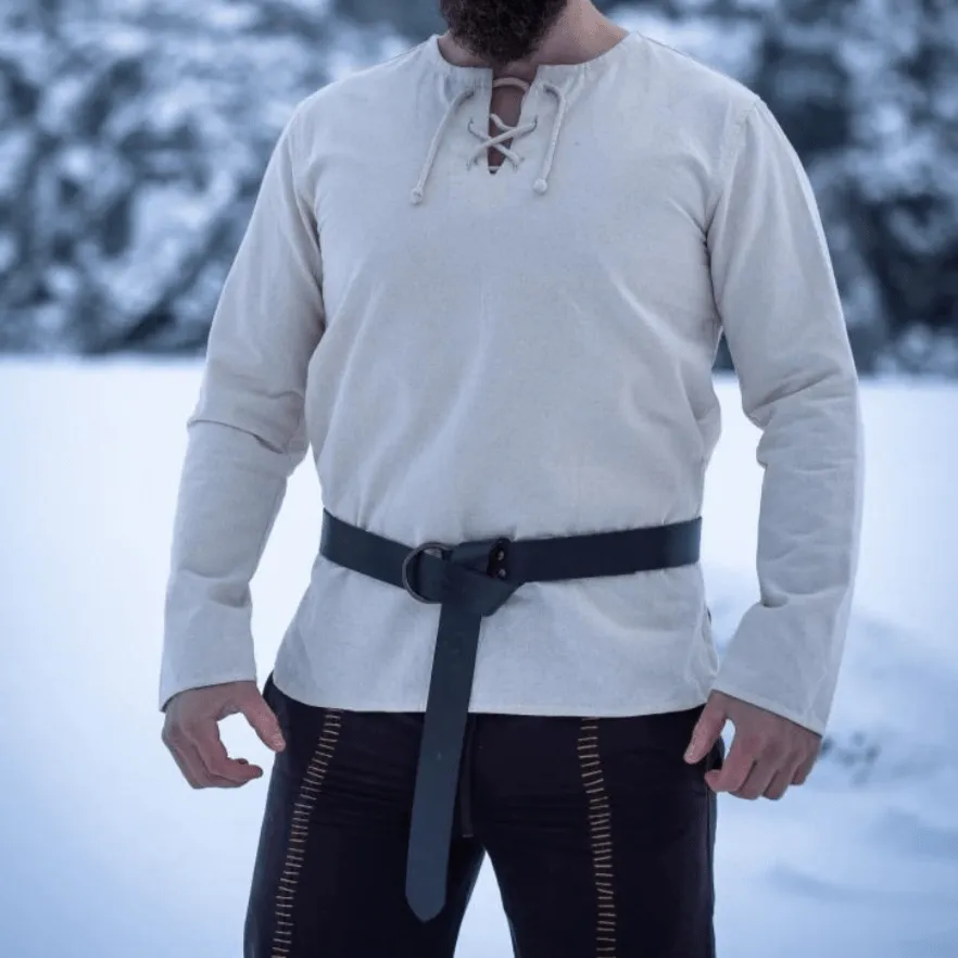 Natural Cotton Viking Tunic | Long Sleeves, Lace-Up Collar