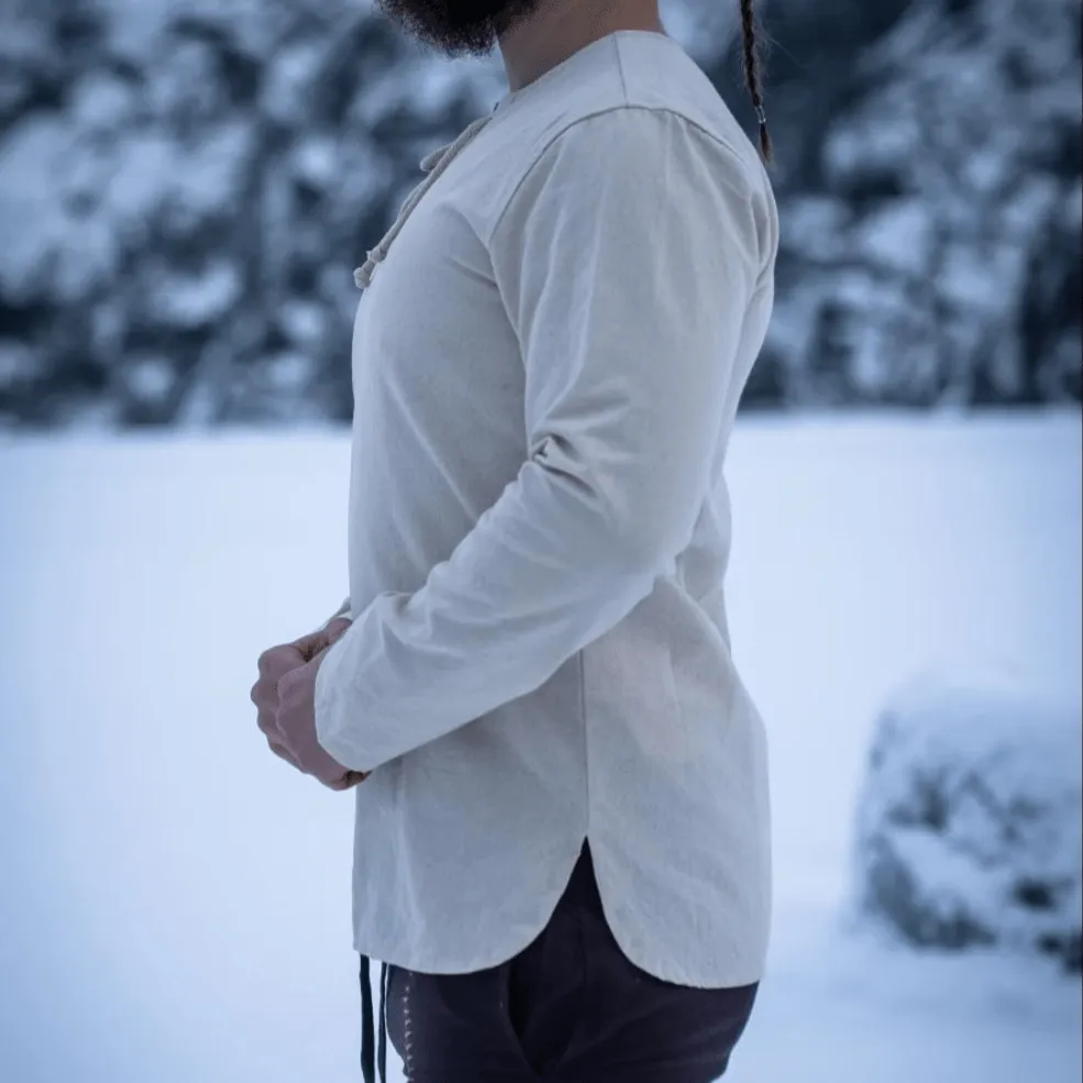 Natural Cotton Viking Tunic | Long Sleeves, Lace-Up Collar