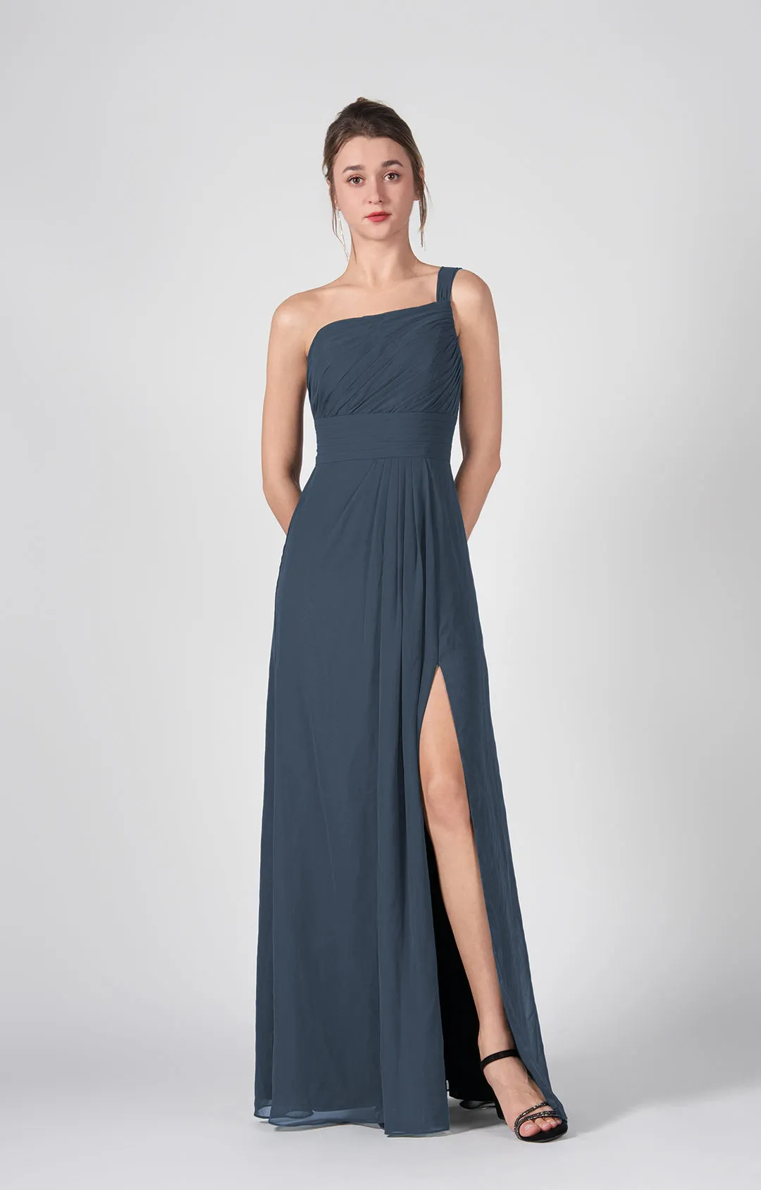 One Shoulder A-Line Side Split Chiffon Maxi Dresses