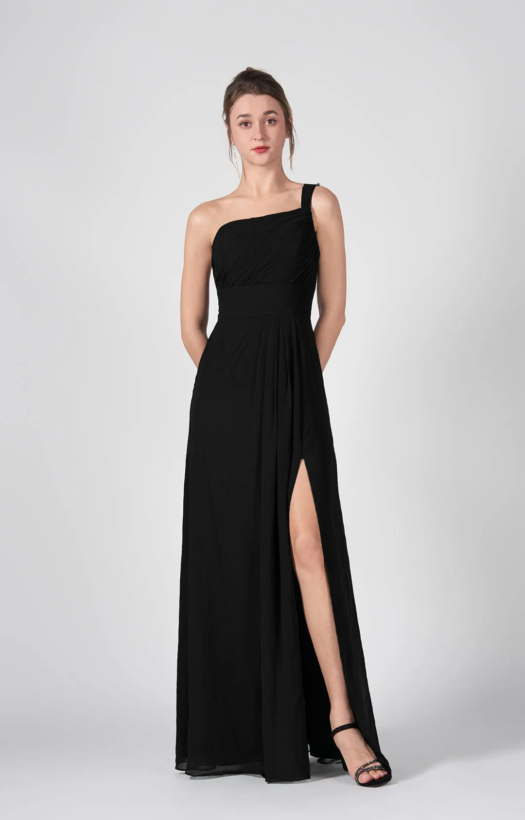 One Shoulder A-Line Side Split Chiffon Maxi Dresses