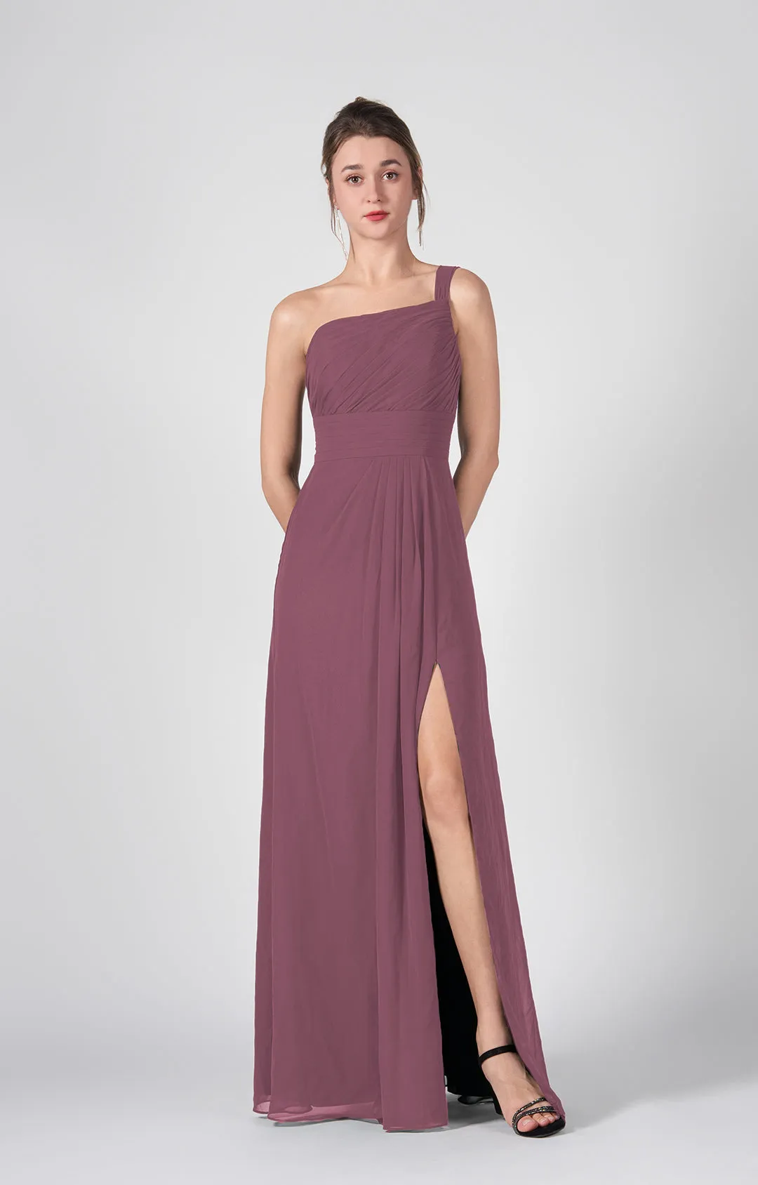 One Shoulder A-Line Side Split Chiffon Maxi Dresses