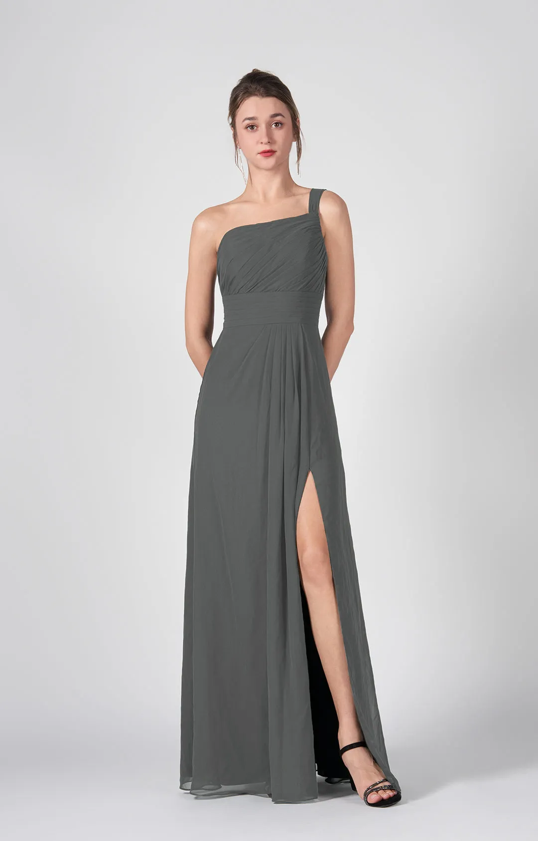 One Shoulder A-Line Side Split Chiffon Maxi Dresses
