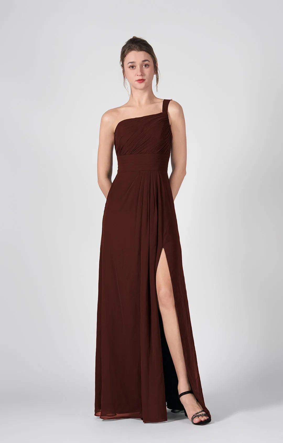 One Shoulder A-Line Side Split Chiffon Maxi Dresses